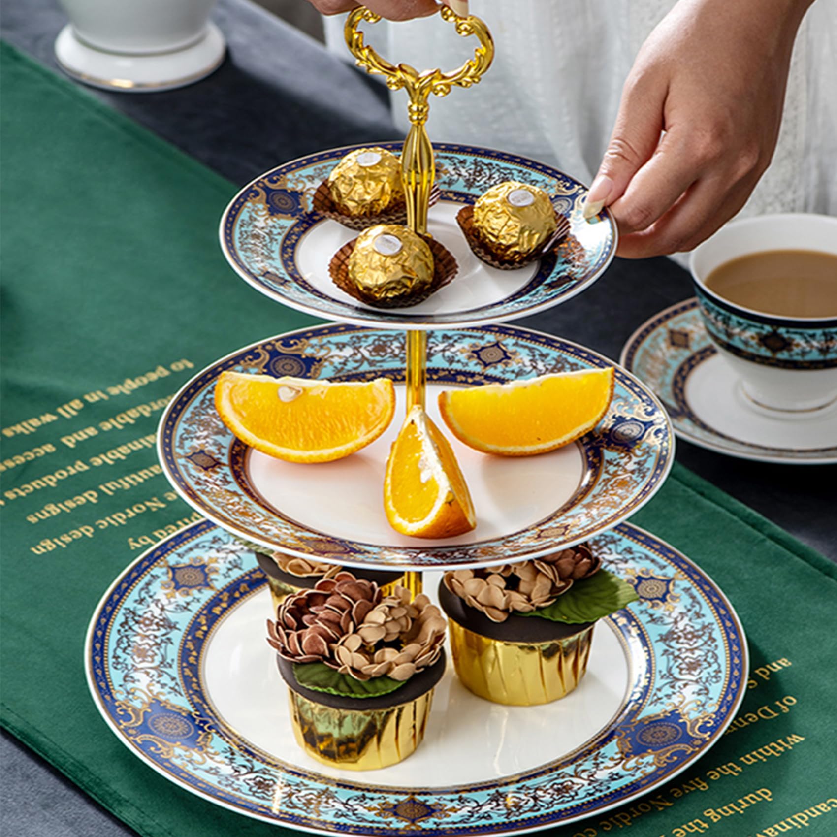 Soporte de té de tarde de 3 niveles, bandeja de porcelana para servir cupcakes, soporte para tartas de porcelana azul y blanca, soporte para servir pasteles para fiestas de té, bodas y
