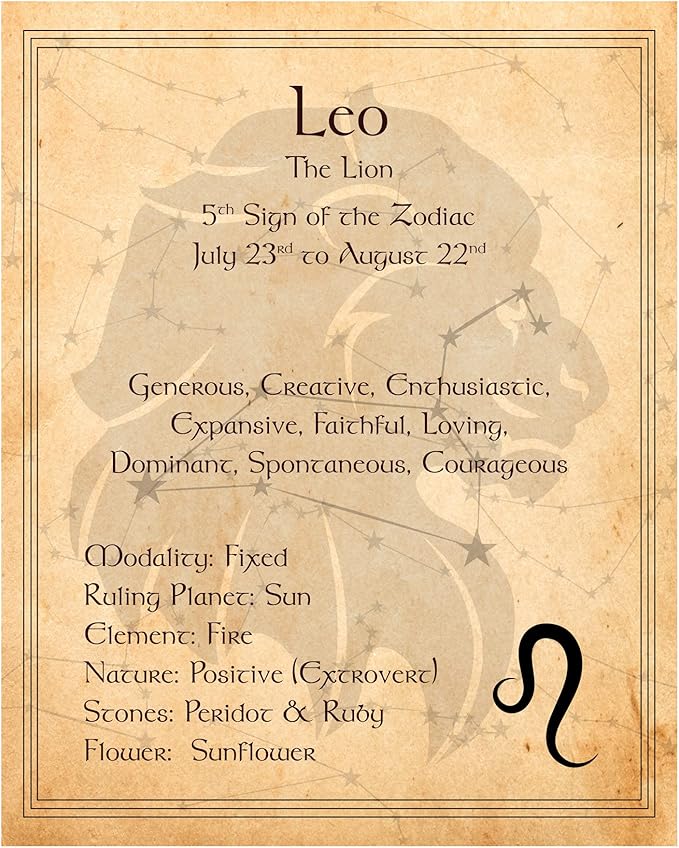 Leo - The Lion - Zodiac Sign Spiritual Wall Art Print. Inspirational Constellation Wall Art. Horoscope's Primary Elements. Ideal For Home Decor, Office Decor & Bedroom Decor. Unframed - 8x10