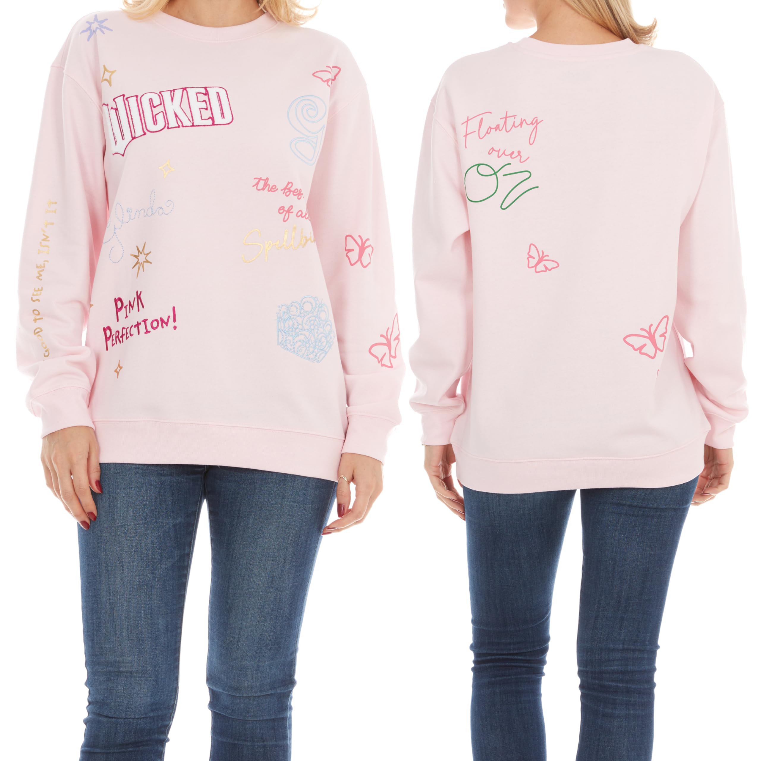 Wicked Glinda & Elphaba Women’s, Ladies & Juniors Crewneck Sweatshirt with Embroidery & Chenille, Sleeve & Back Graphics