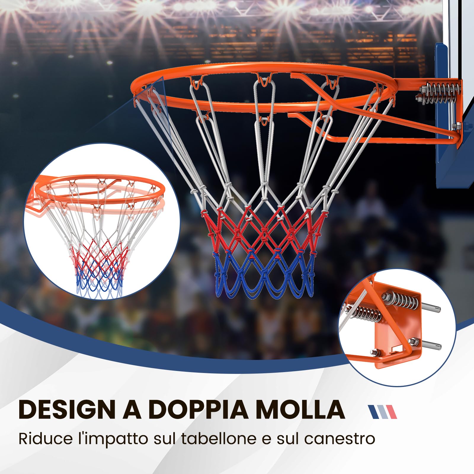 COSTWAY Canestro da Basket a Parete 45 CM, Anello da Pallacanestro da Muro con Doppia Molla, Rete Resistente e 12 Anelli, Cerchio Universale da Basket per Interno ed Esterno