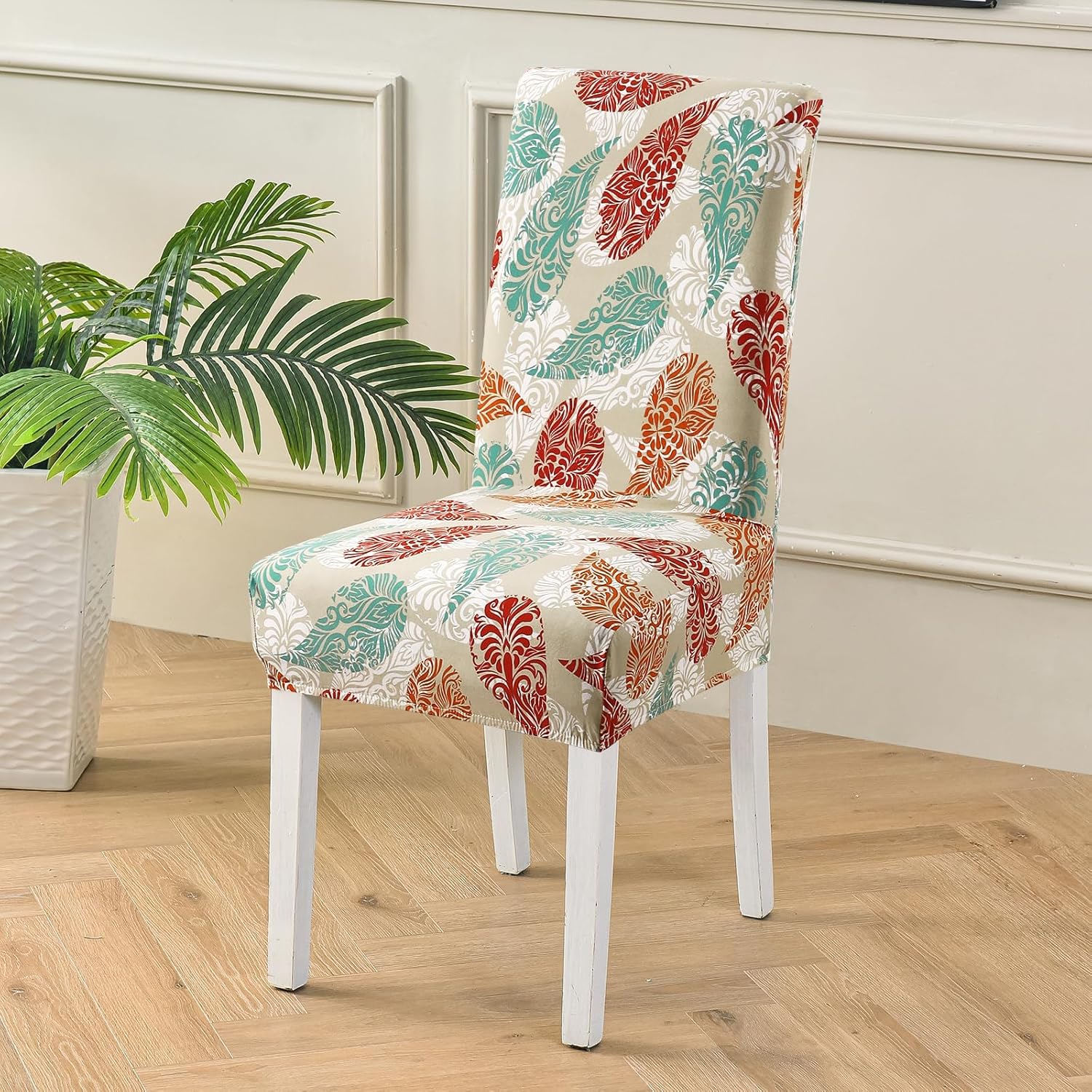 Fuloon Chair Covers for Dining Room 4 Pack, Printed Stretch Dining Slipcovers, Washable Kitchen Slip Covers for Parson Chair, Color Leaves Printed, Set of 4