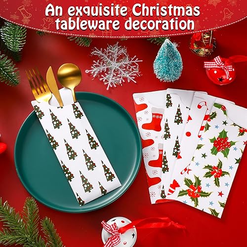 Miniatura 5 de Containlol 100 bolsas de cubiertos de Navidad desechables para utensilios de cocina, fundas de papel de estraza para cubiertos de Navidad, bolsas