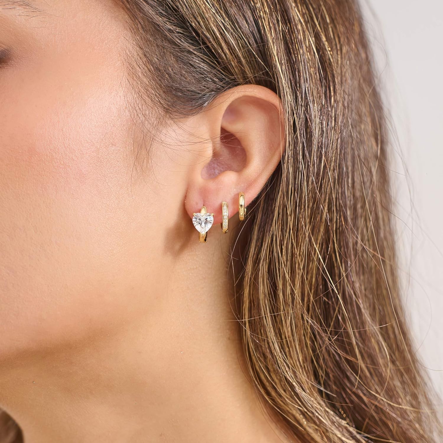 3Pairs Small Gold Huggie Hoop Earrings for Women,Romantic heart,Twisted braid two colors,3 CZ Hoop,5 Round Zircon Sport Hoops Earrings Set,14K Gold Filled Silver Hypoallergenic Earring Excellent gift - Image 2