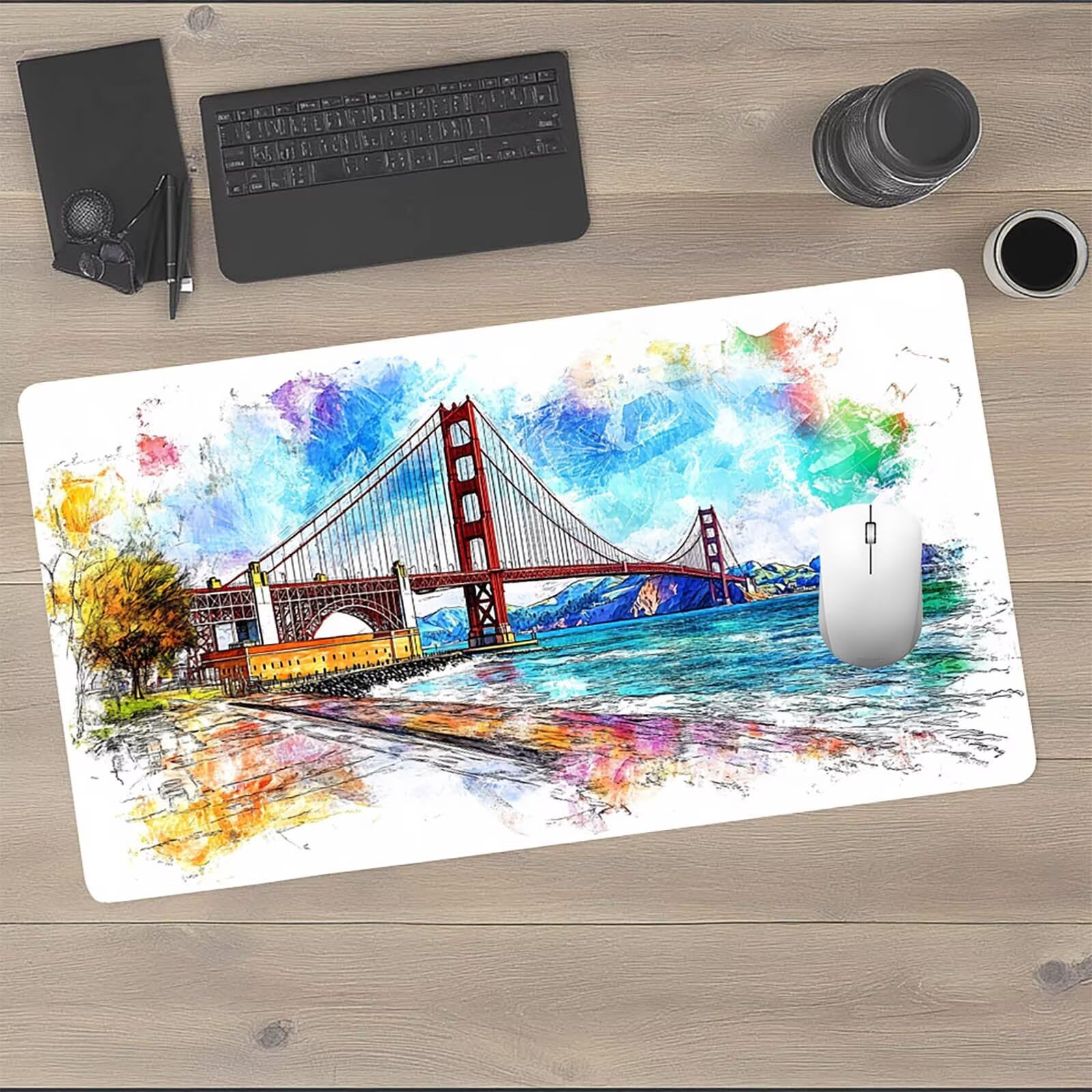 Podkładka pod mysz xxl 1600x800x3mm Desk Golden Gate Desk Bridge Matowa mata biurkowa do gier szyte krawędzie Trwała i wodoodporna konstrukcja z antypoślizgową gumową podstawą na prezent model-06510