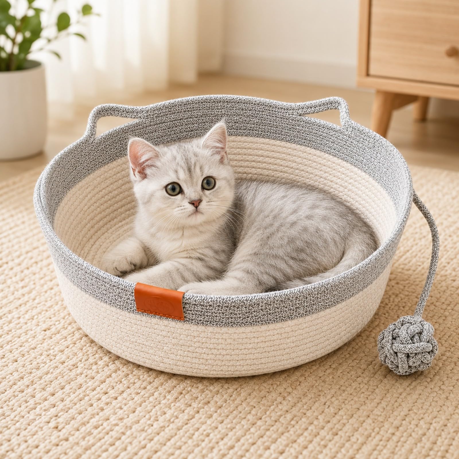 Handwoven Cat Basket with Hanging Ball Toy, Cotton Rope Cat Bed for Indoor Cats and Kittens, Cosy Round Cat Nest, Breathable Foldable Pet Bed Basket with Cat Ear Design for Small Cats (Grey,L)