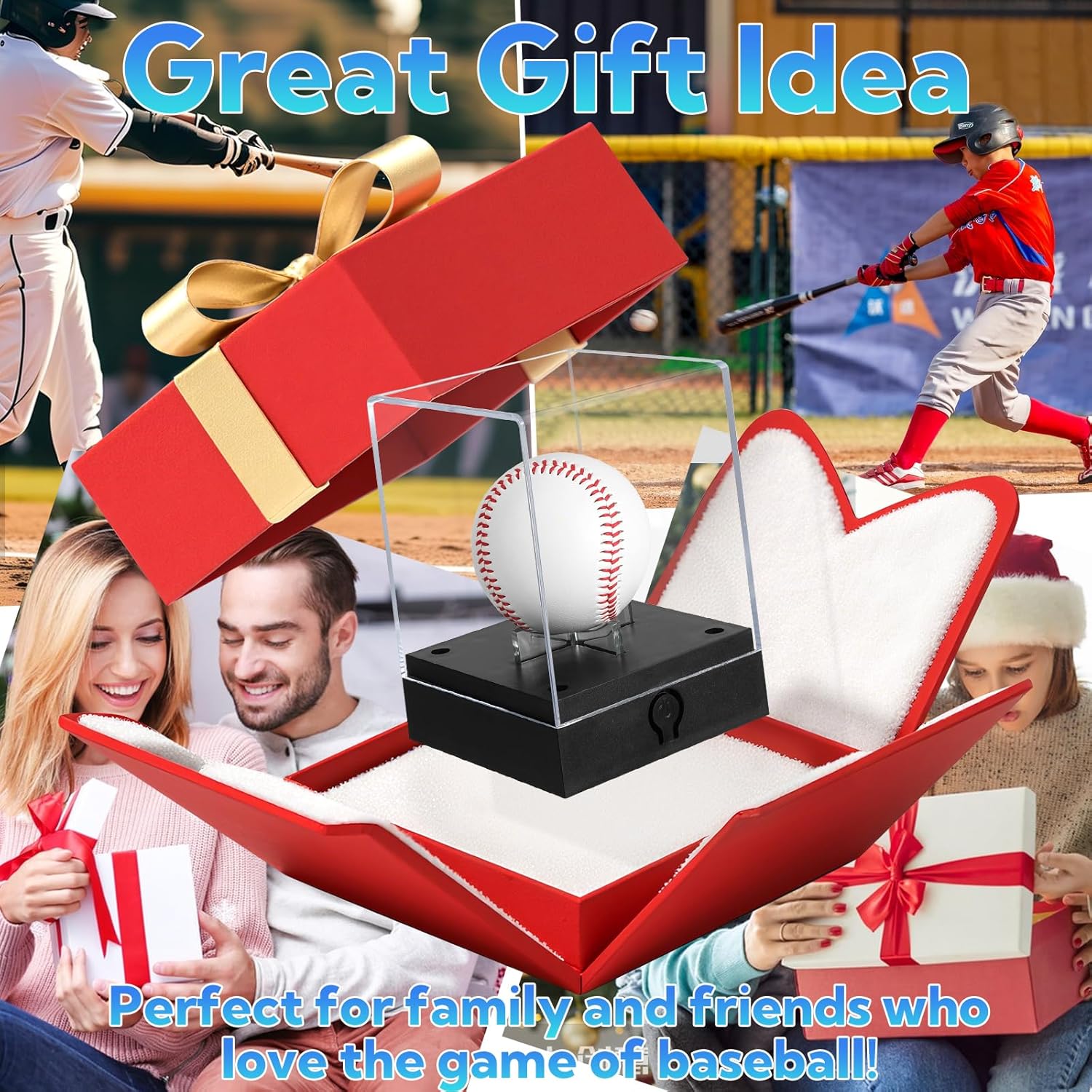 4 Pack Baseball Display Case with LED Light - UV Protected Acrylic Ball Holder for Signed Memorabilia, Softball, Golf Ball, Light Up Display Cube & Stand for Collectibles