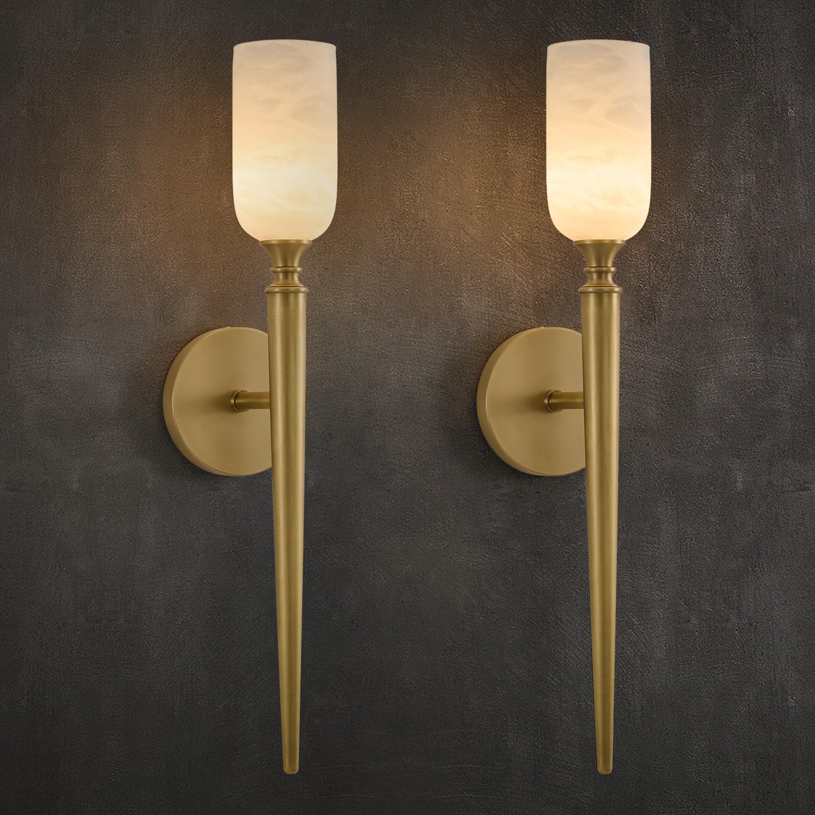 Vintage Alabaster Brass Wall Sconce: Set of 2 Antique Spanish Natural Marble Modern Vanity Wall Lights - 21.6" Long Linear Brushed Gold Sconces - Indoor Sconce for Bathroom Hallway Bedroom Living Room 21.6" Double