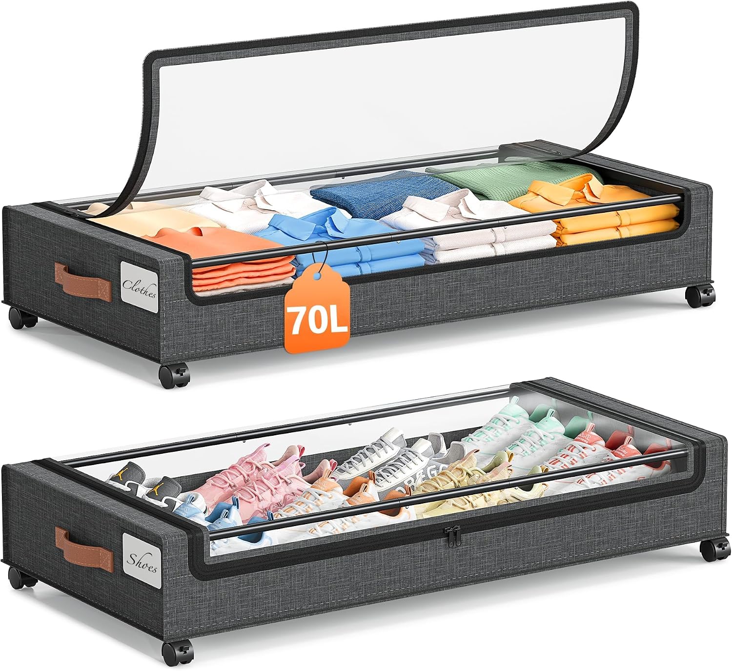 Yecaye 70L Under Bed Storage with Wheels, 2Pack Larger Capacity Under Bed Storage Containers, Underbed Shoe Storage Organizer, Rolling Under Bed Metal Drawers for Shoes, Clothes, Hemp Grey