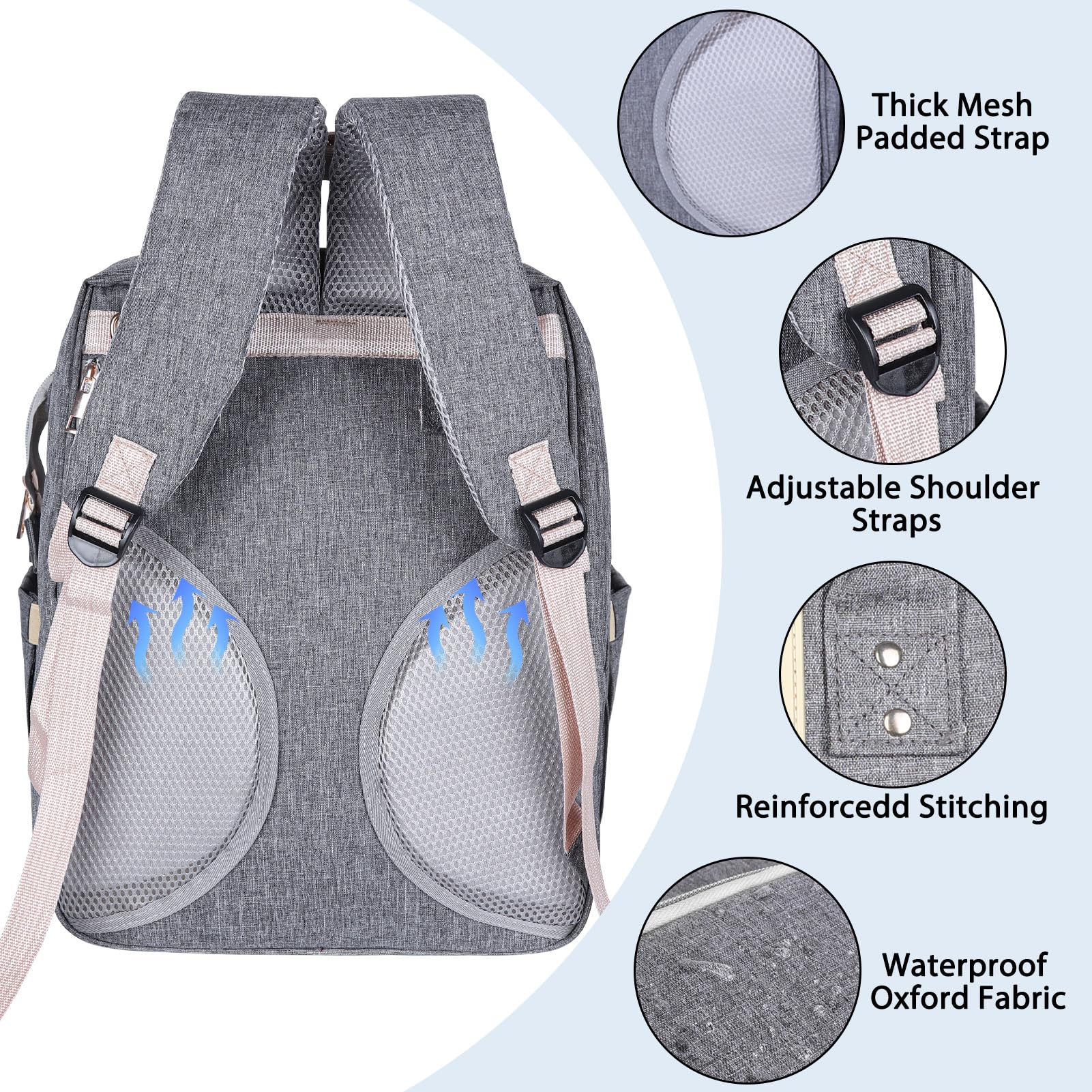 Ohotter Borsa Zaino Fasciatoio, Zaino Mamma Grande con Lettino Pieghevole, Materassino Fasciatoio, Cinghie per Passeggini, Tasche Isolanti Bottiglia, Zaino per il Cambio Unisex per Mamme e Papà