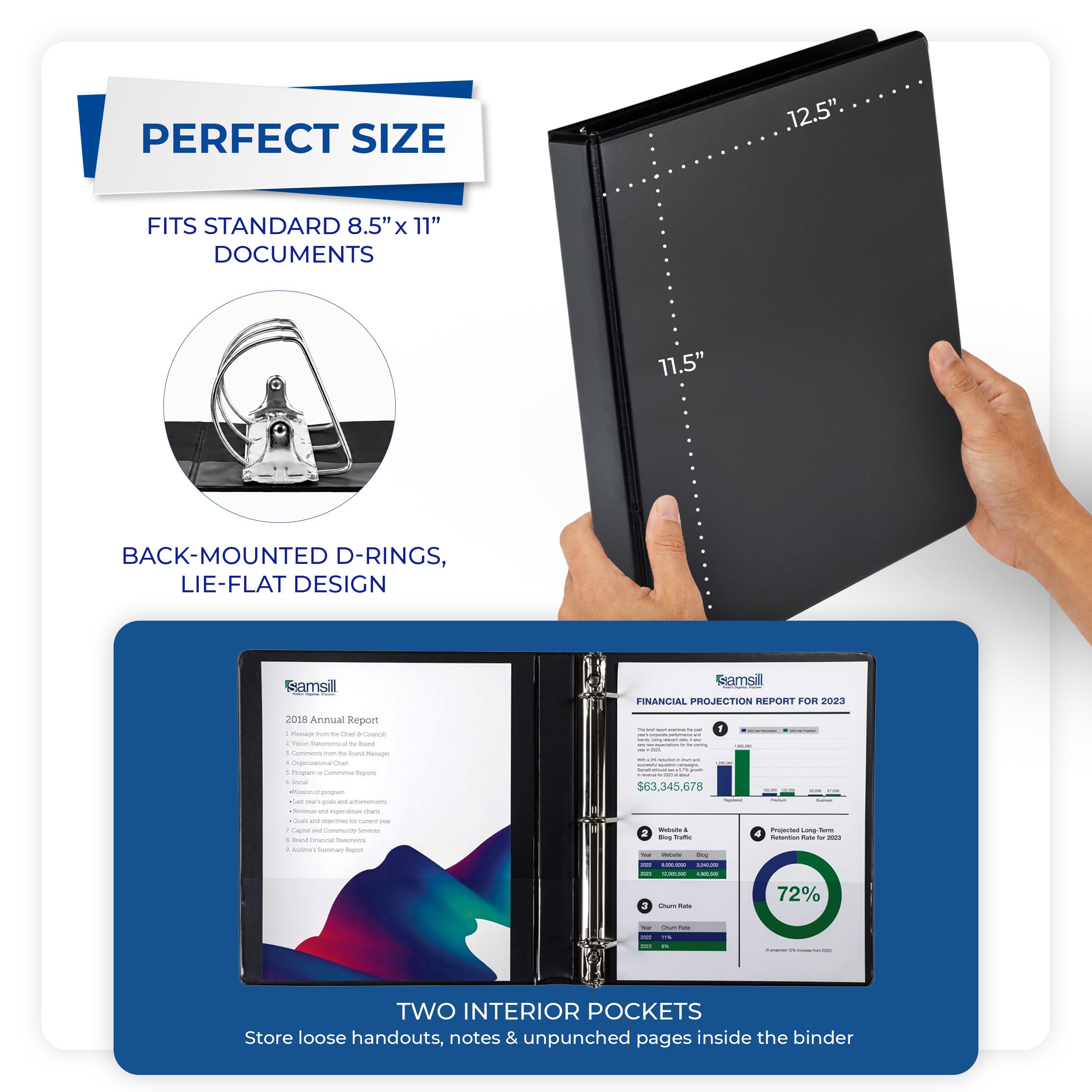 Samsill Lot de 12 classeurs durables à 3 anneaux fabriqués aux États-Unis, classeur à anneaux en D de 2,5 cm, peut contenir 225 feuilles, couverture transparente personnalisable, assortiment de base,