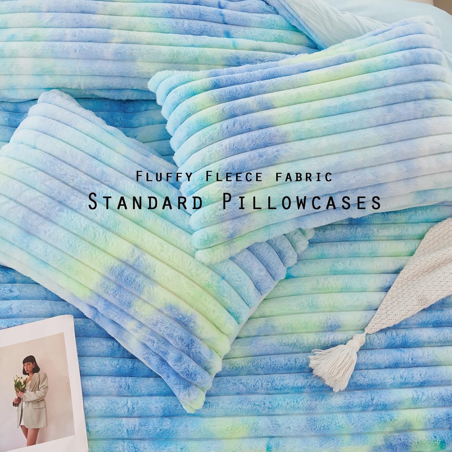 ZRNBAST Fluffy Duvet Cover Twin Size, Tie Dye Blue Green Plush Fleece Bedding Sets, Super Soft Faux Fur Bed Set with Zipper, Luxury Fuzzy Comforter Cover with 2 Pillowcases(Blue Green, Twin)