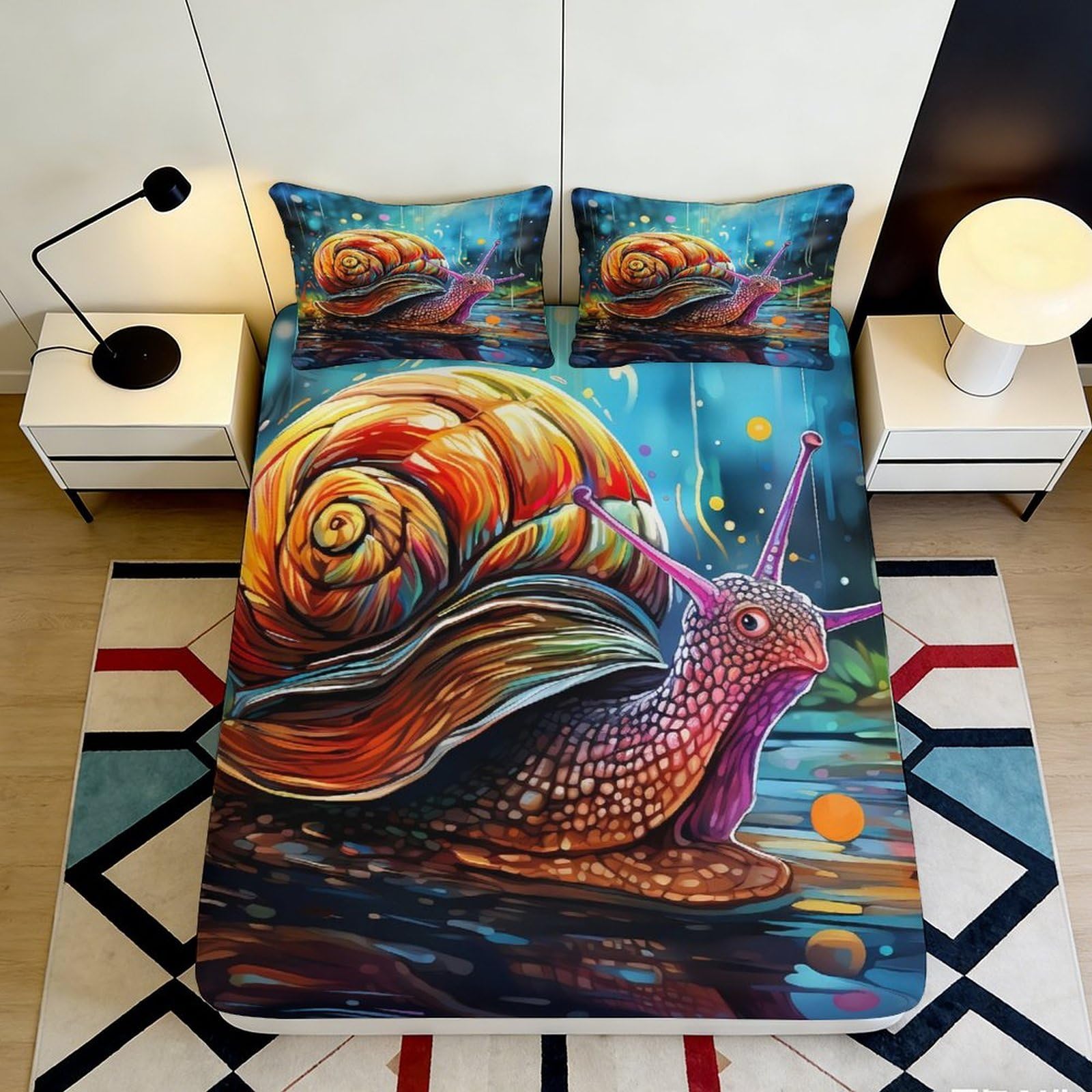 3D Printed Colorful Snail Fitted Sheet Microfiber Soft Artistic Forest Bed Cover for Bedroom Dorm Home Decor 90x200x25cm