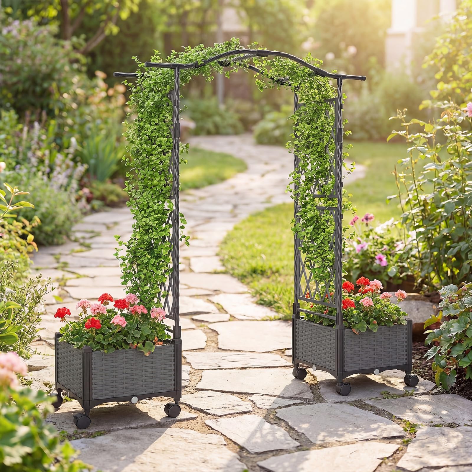 COSTWAY Fioriera Rialzata con Graticcio e Tetto, Irrigazione Automatica e Ruote Bloccatili, Letto da Giardino Rialzato in Rattan Impermeabile per Piante Rampicanti, Fiori ed Erbe (Grigio)