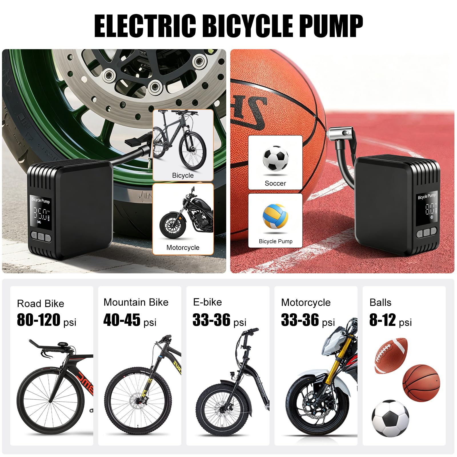 Mini Bomba de Bicicleta Eléctrica, 150 PSI Bomba de Neumáticos Eléctrica Inalámbrica con Manómetro Digital, Bomba Eléctrica para Bicicleta MTB y Carretera, Bicicleta MTB, Motocicleta