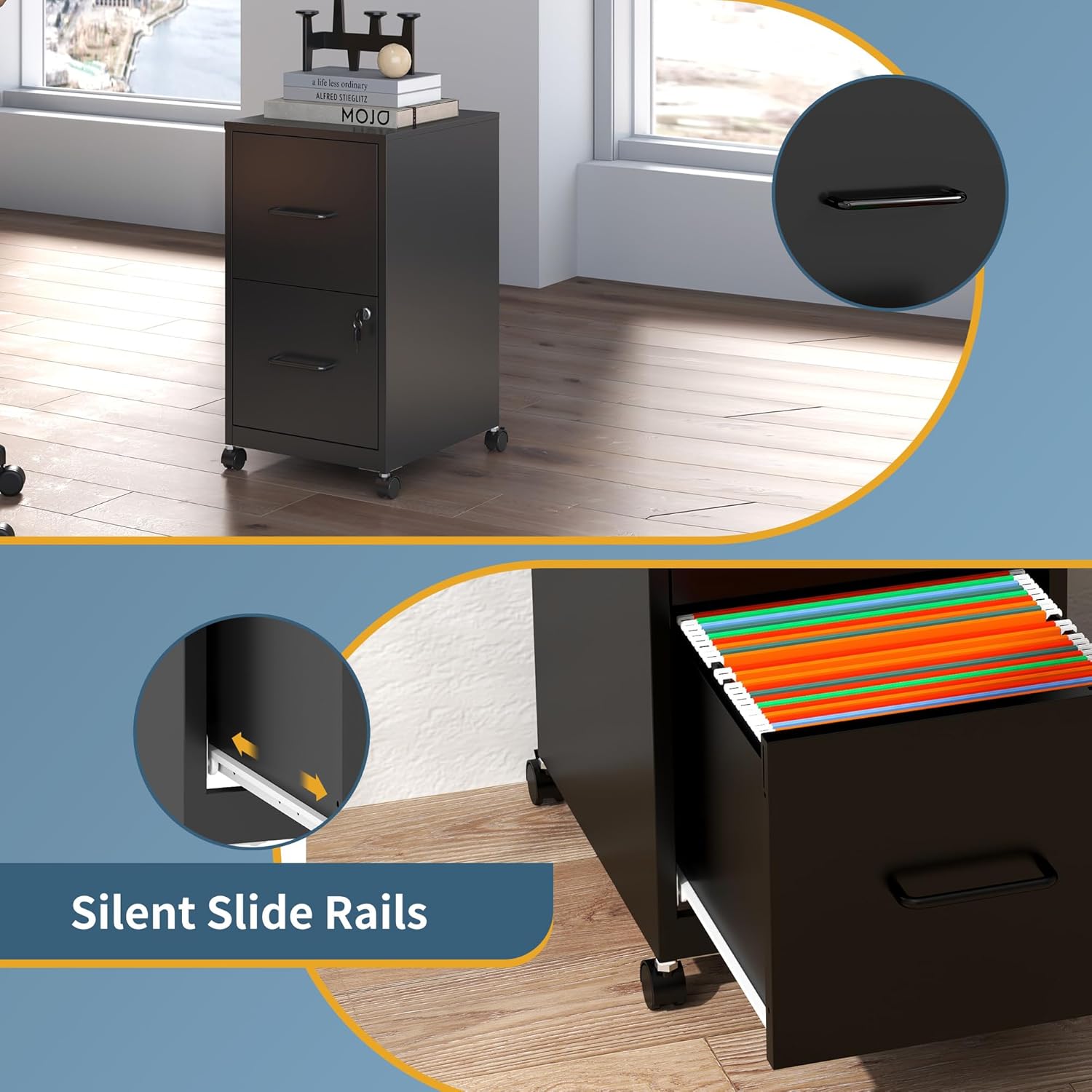 2 Drawer File Cabinet on Wheels,Mobile Filing Cabinets with Lock,Metal Storage Cabinet,Vertical Filing Cabinets for Home Office,Rolling File Cabinet for Under Desk,Amssebly Required, Black