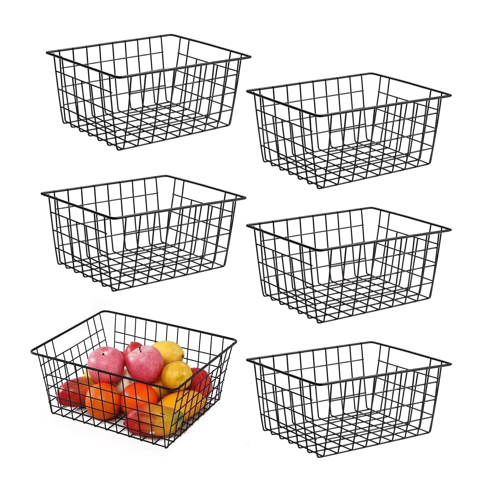 Hniuyun 6 Pack Black Wire Basket, Countertop Organizer for Kitchen Cabinets Metal Storage Baskets for Garage Refridge