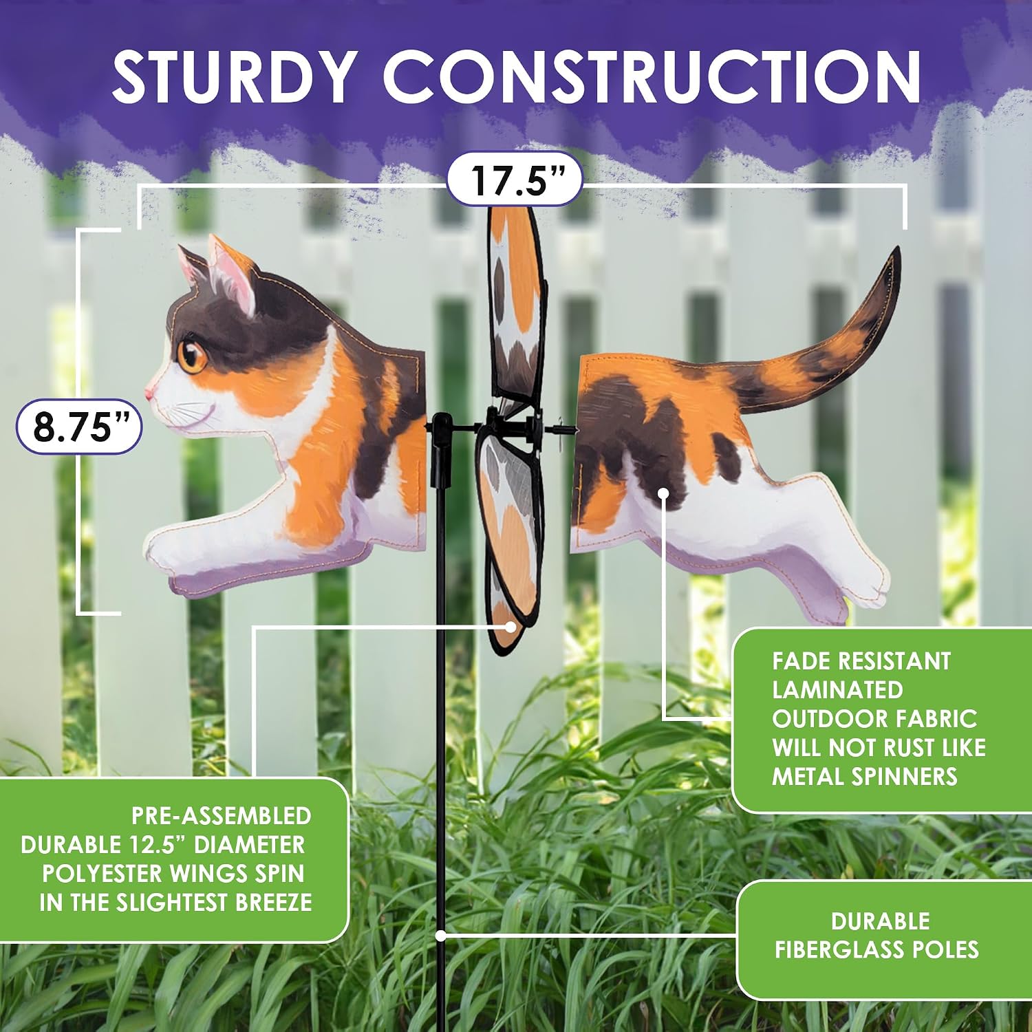Premier Kites Petite Spinner Calico Cat – Whimsical Wind Spinner for Yard & Garden, Durable Weather-Resistant Fabric, Easy to Assemble, Outdoor Decor for Patios, Lawns, & Fairy Lovers