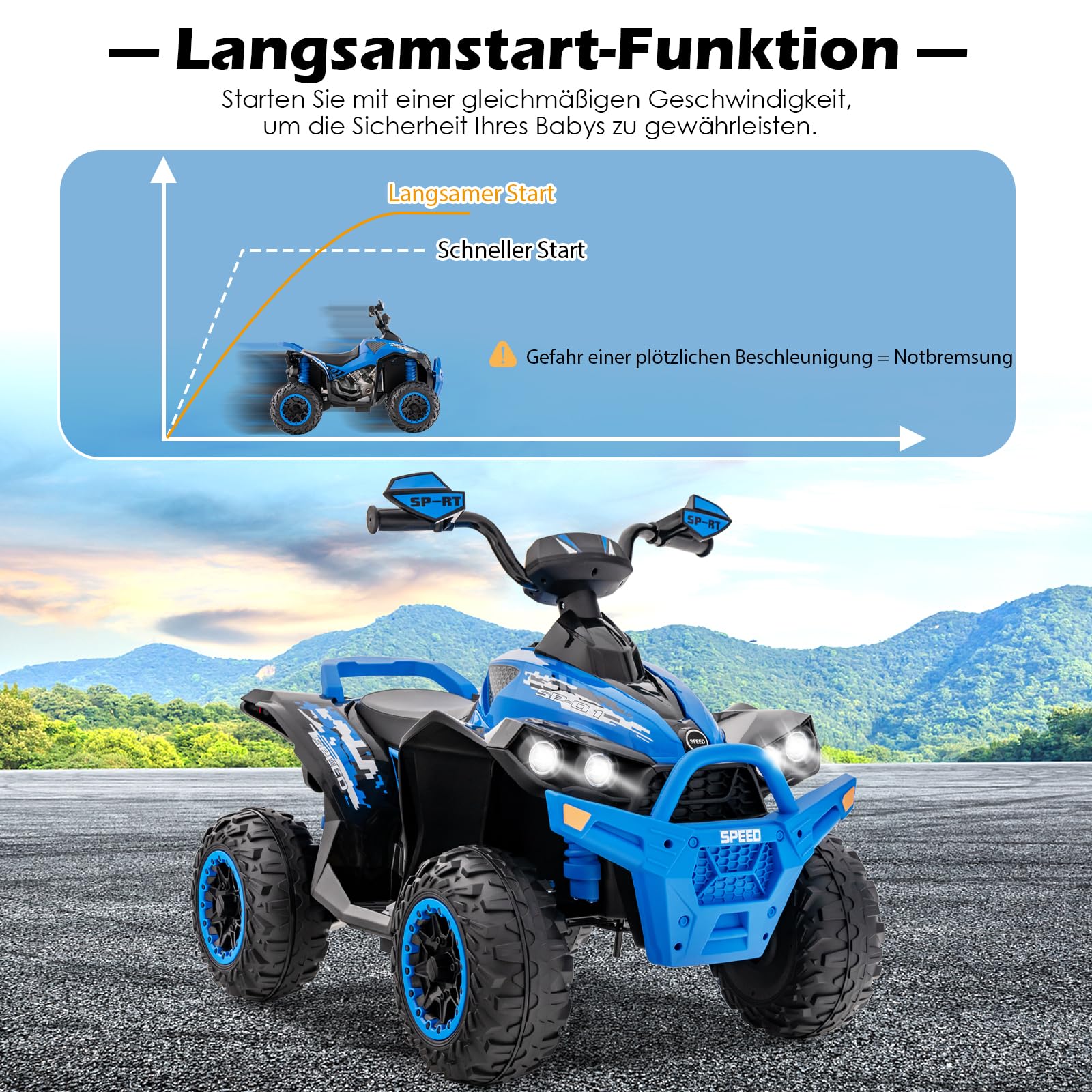 GOPLUS 12V Elektrische Kinderquad, Kinderfahrzeug mit LED-Scheinwerfern, Musik & Hupe, Elektroauto mit 4 rutschfeste Räder & langsamer Start, für Kinder 3–8 Jahre alt, bis 35 kg Belastbar (Blau)