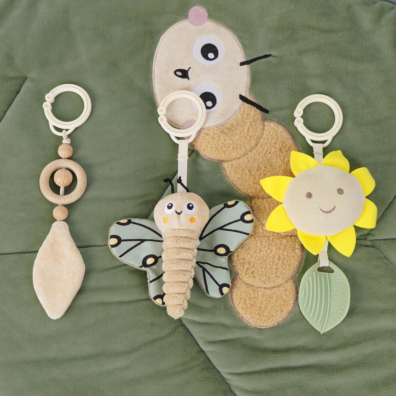 4 IN 1 Blatt Spielbogen Baby, Spielmatte Babies mit Natur Holz Activity Spielbogen, 3 abnehmbaren Spielzeugen zum Greifen, für ab 0-3-6-12-36 Monaten