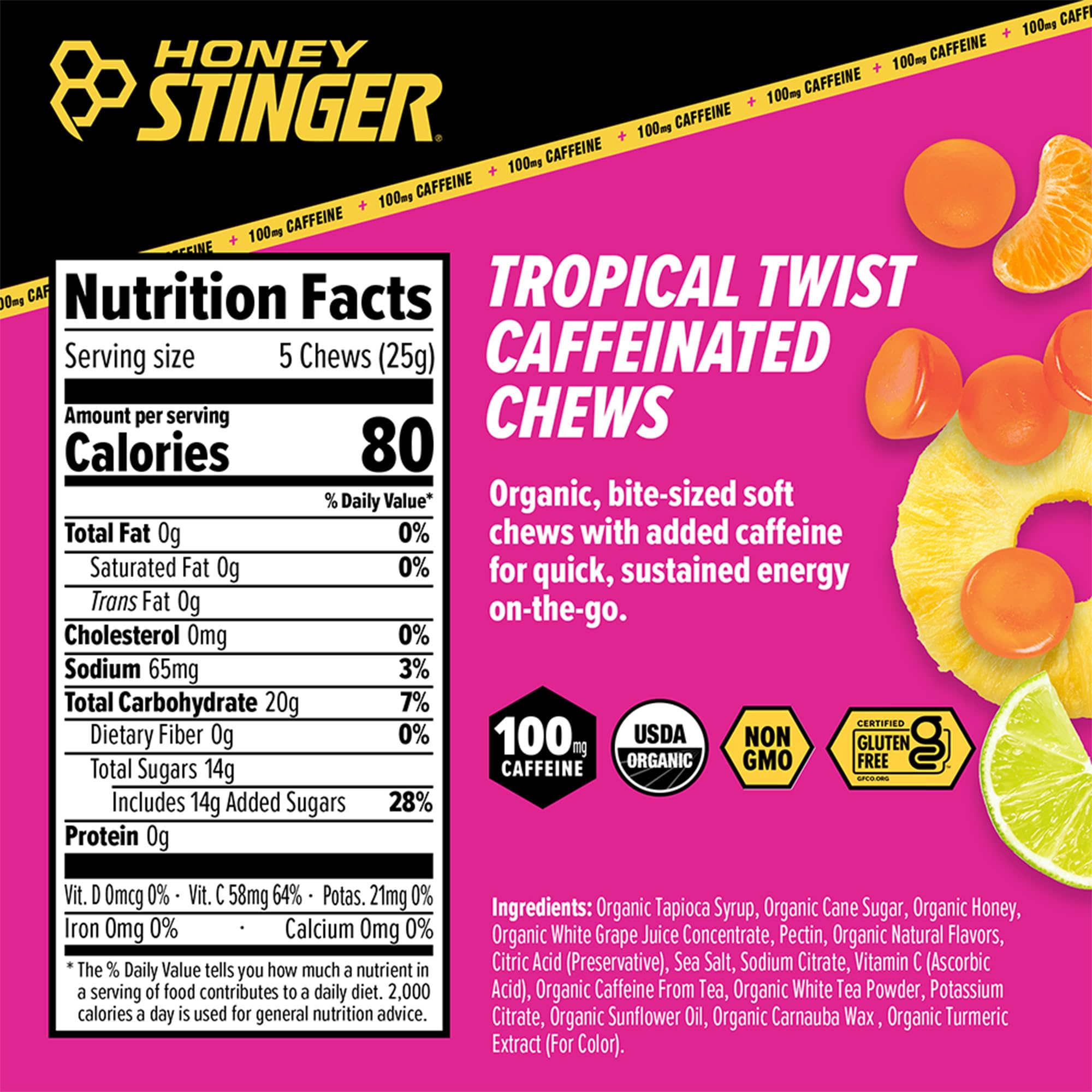 Honey Stinger Organic Tropical Twist Caffeinated Energy Chews, Gluten Free, with Caffeine, for Exercise, Running & Performance, 10.56 Ounces (Pack of 12) — Amazon image 2