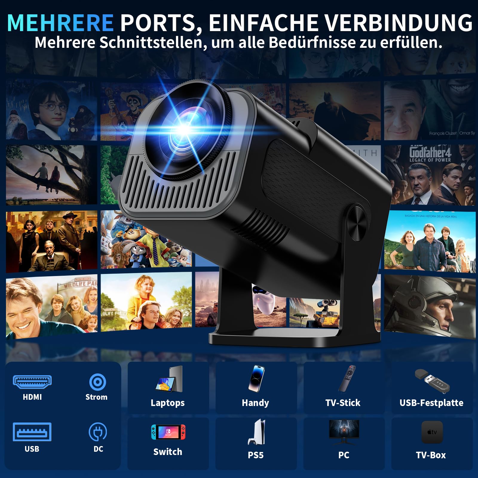 Mini Beamer Unterstützt 4K 1080P, Projektor Tragbarer mit WiFi 6 und Bluetooth 5.2, Beamer Klein Projektor Auto Keystone 270° Dreh Kompatibel mit HDMI/TV Stick/Memory Stick/Laptop, Schwarz
