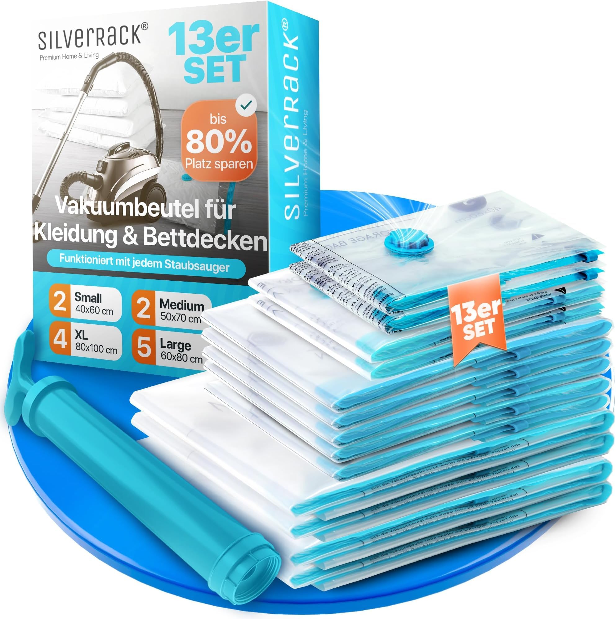SilverRack XL Jumbo Vakuumbeutel für Kleidung u. Bettdecken [13 Stück] - INKL. HANDPUMPE u. ETIKETTEN in (2x 40x60 cm / 2x 50x70 cm / 5x 60x80 cm / 4x 80x100 cm) - Vakuumiererbeutel für Kleider