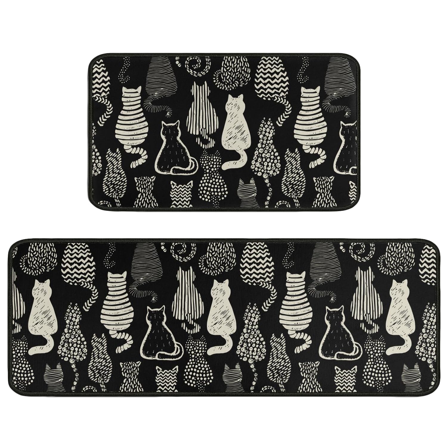 Cute Black Cat Kitchen Rugs Set of 2,Country Style Kitchen Rugs Farmhouse Style Mats Non-Slip Washable,Cat Kitchen Decor Anti-Fatigue Floor Mats for