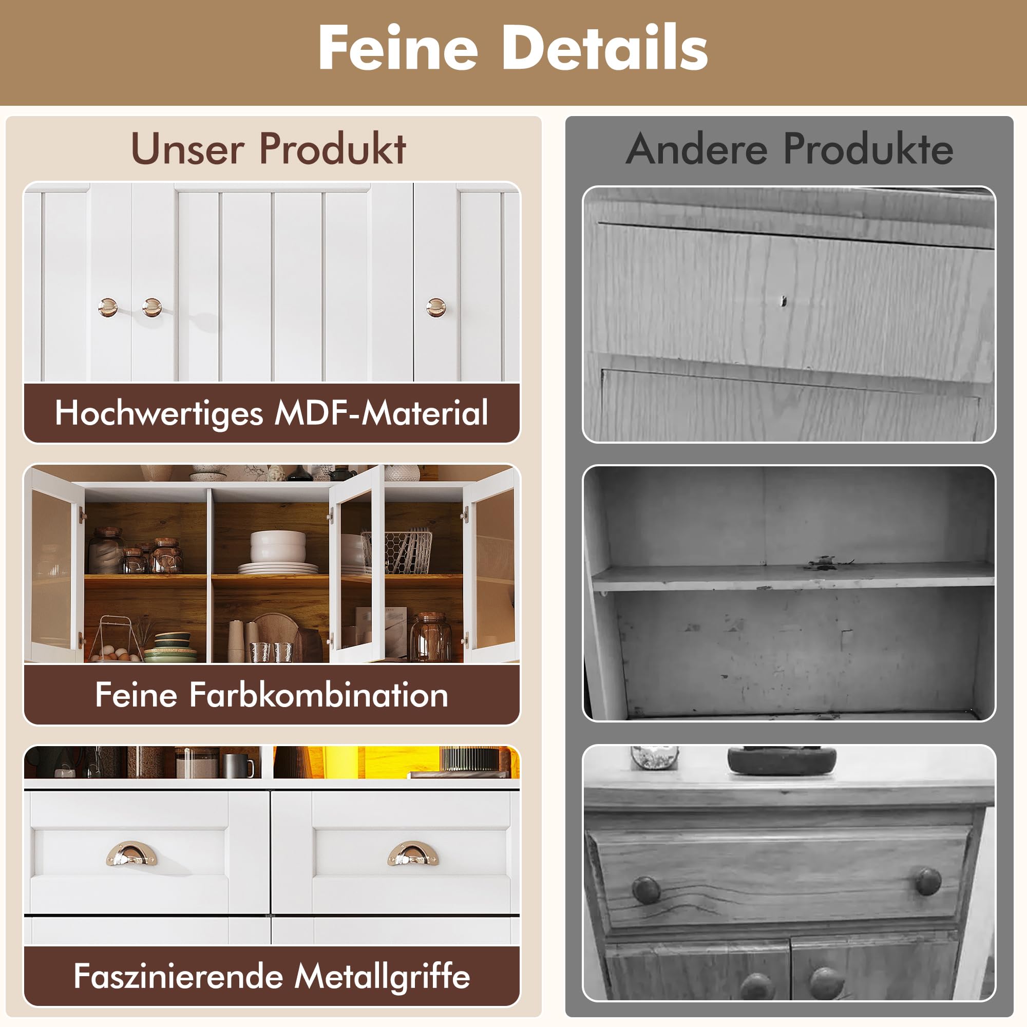 Küchenschrank mit LED-Beleuchtung und Großer Stauraum, Hochschrank mit Verstellbaren Ablagen und Aufbewahrungsschrank, Küchenbuffet mit 3 Schublade, Weiß-C, 140x40x175 cm