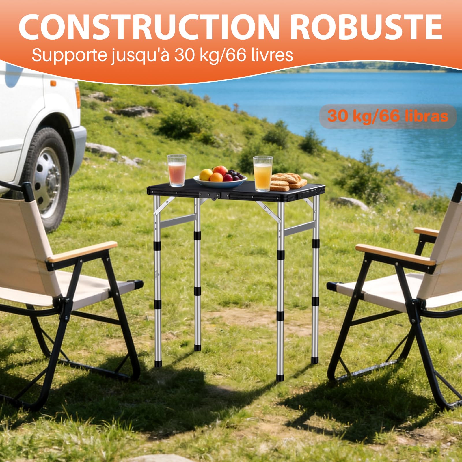 FUNYKICH Table de Camping Pliante,3 Hauteurs Réglables,70 cm Noir | Table de camping pliante 58 × 40 cm,pieds aluminium,3 hauteurs 26/48/70 cm pour barbecue et pique-nique