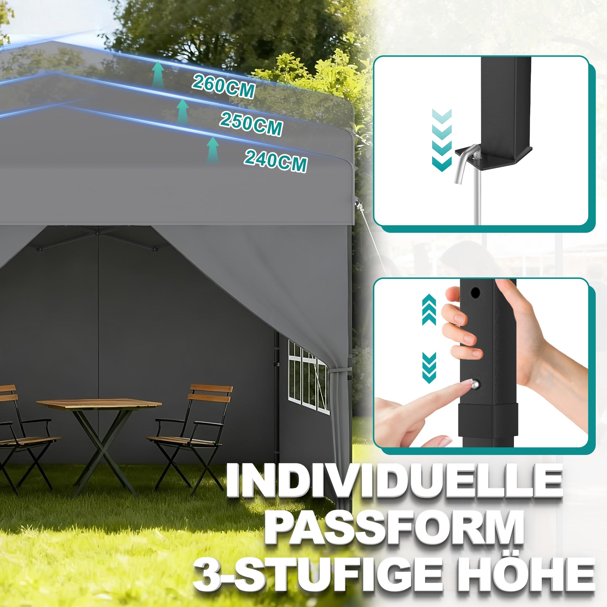 YRHome 2.5x2.5m Pop Up Faltpavillon Wasserdicht Pavillon Faltbar Stabil Winterfest mit Seitenwänden Gartenpavillon Höhenverstellbar Gartenzelt UV Schutz Partyzelt Festzelt inkl.Tragtasche - Grau