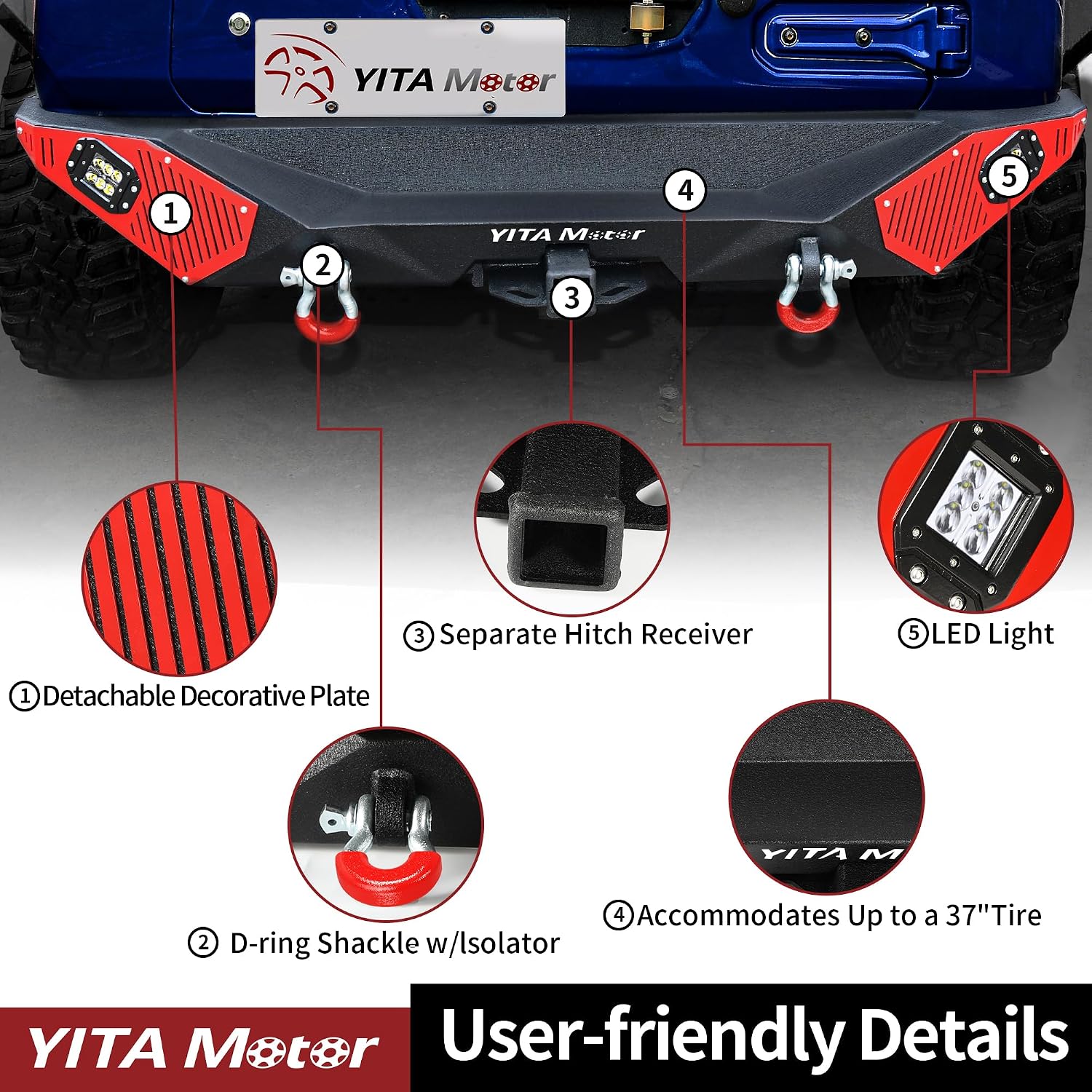 YITAMOTOR Rear Bumper Compatible with Jeep Wrangler 2018-2026 Jeep Wrangler JL & Unlimited (2/4 Doors), Off Road Back Bumpers w/ 2" Hitch Receiver, D-Rings & 2x Square LED Lights, Textured Black