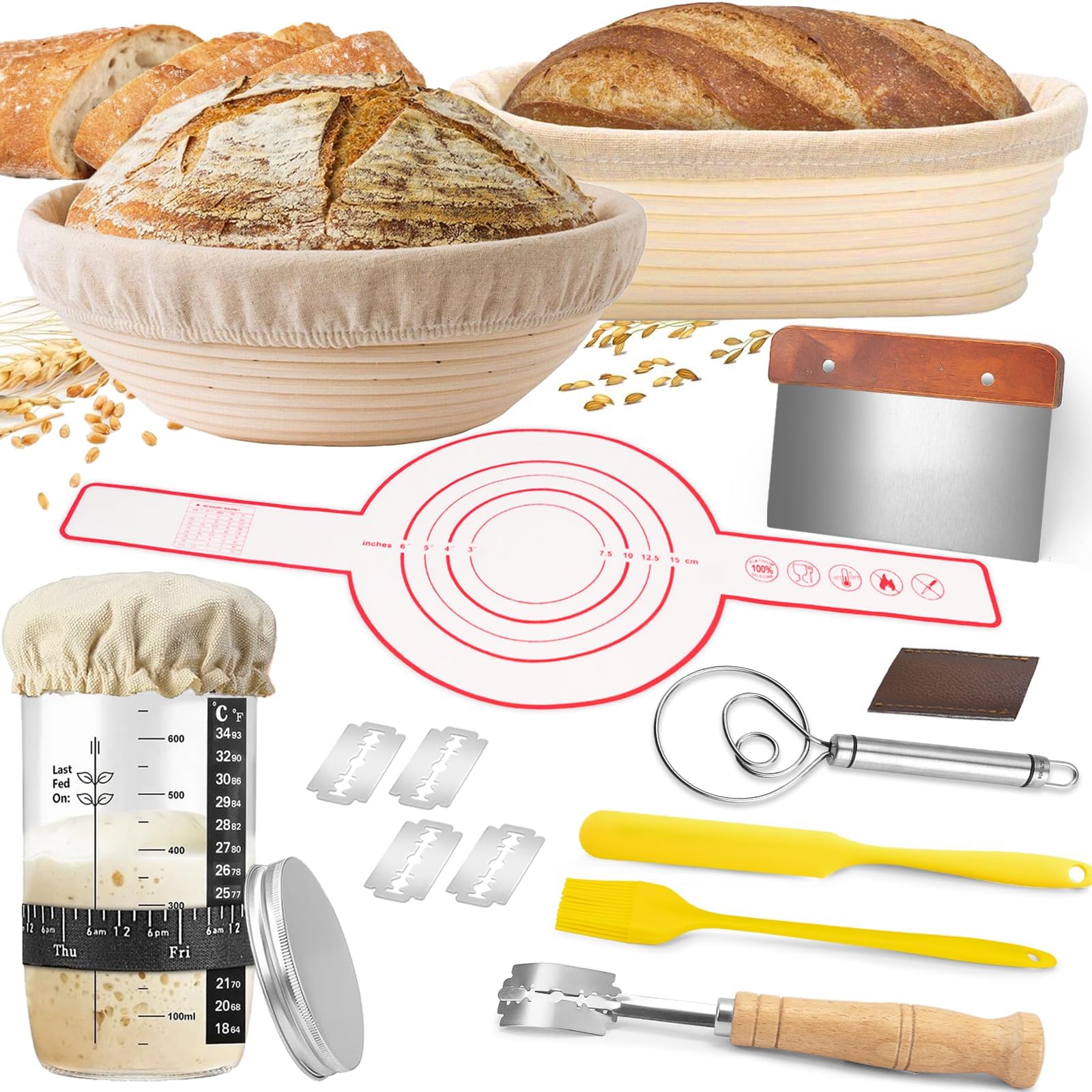 Sourdough Starter Set - Complete Sour Dough Starter Kit with Jar, 9 Inch Round & 10 Inch Oval Sourdough Proving Baske, Bread Making Accessories,Baking Gifts for Professionals and Home Bakers