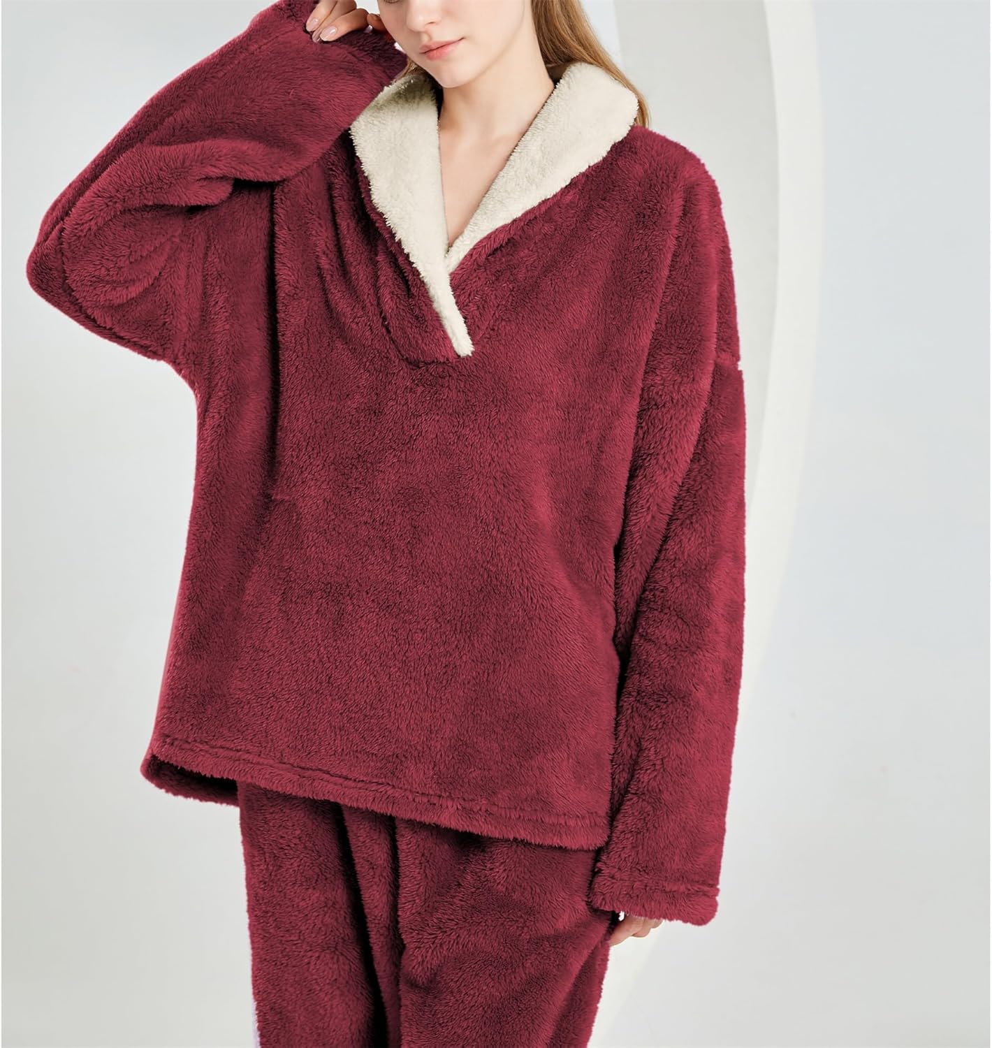 Womens Fluffy Pajamas Set Fleece Pullover Pants Oversized Plush Sleepwear Cozy Fuzzy Loungewear Loose Warm Pjs Sets - Image 5