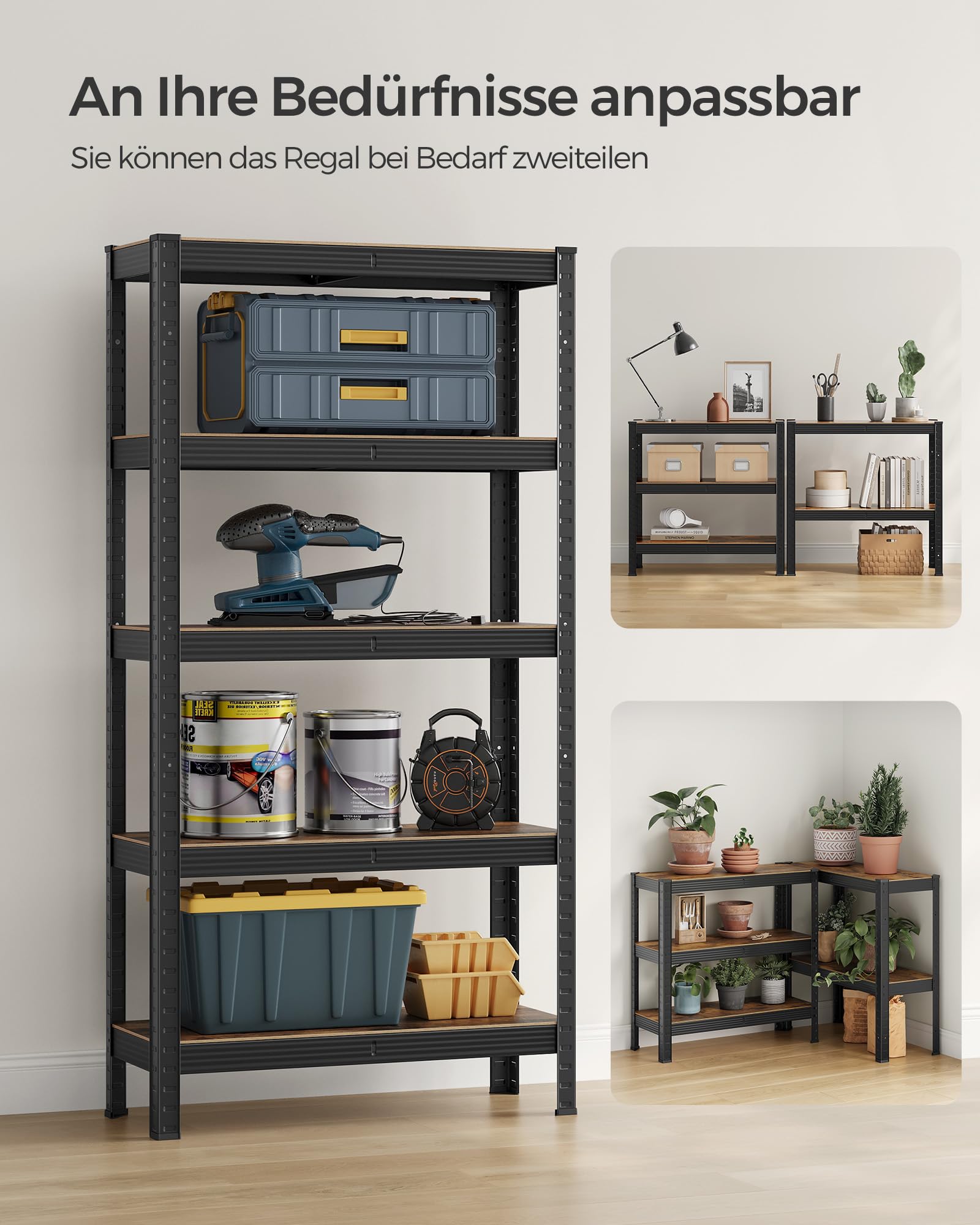 SONGMICS Standregal, Bücherregal, Lagerregal, 5 Ablagen, Küchenregal, Regal, 30 x 75 x 150 cm, bis 650 kg belastbar, verstellbare Ablagen, Industrie-Design, vintagebraun-schwarz GLR030B01