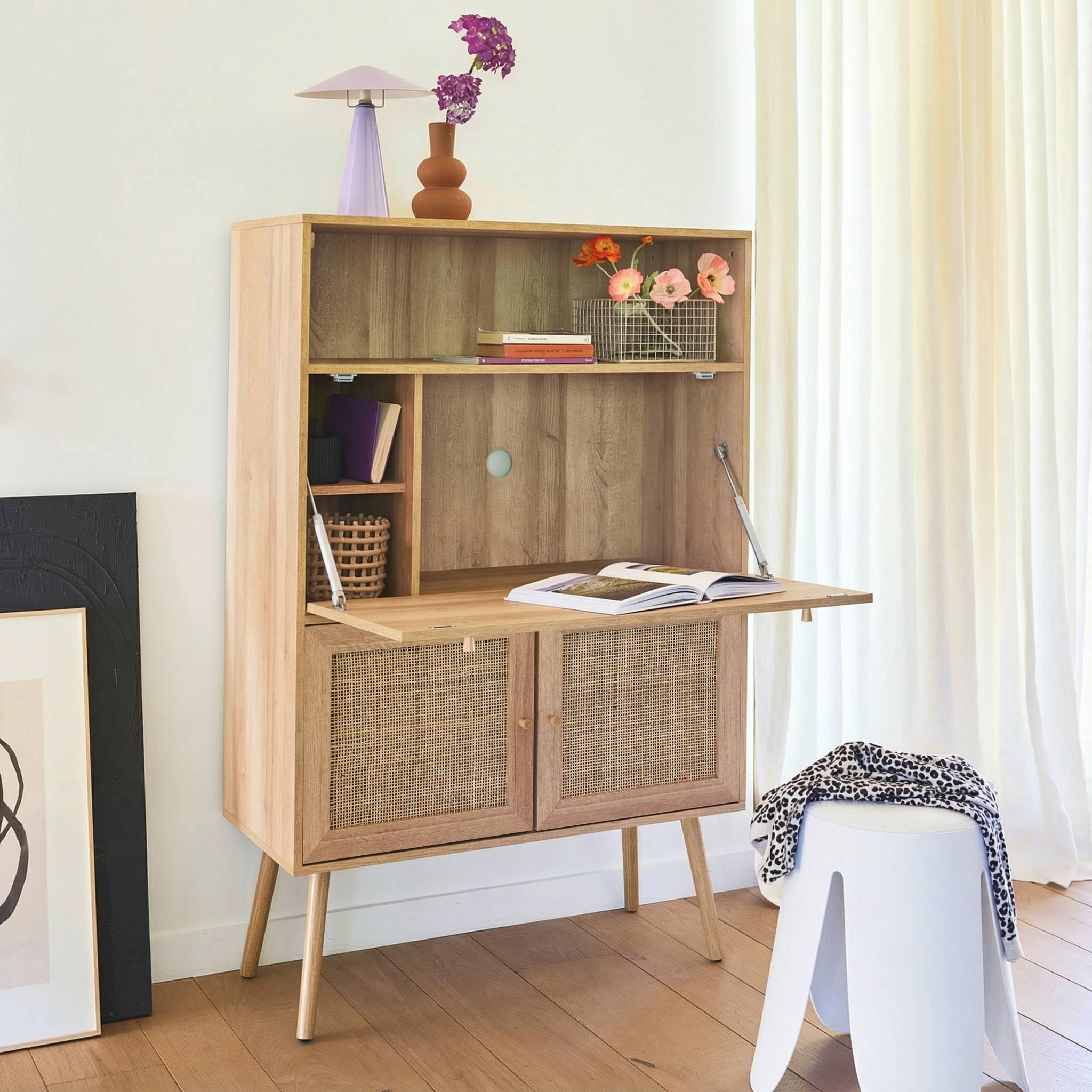 sweeek - Schreibschrank/Sekretär, 2 Türen aus Rohrgeflecht, Regale, Holzeffekt, Beine aus Tannenholz - Bohème