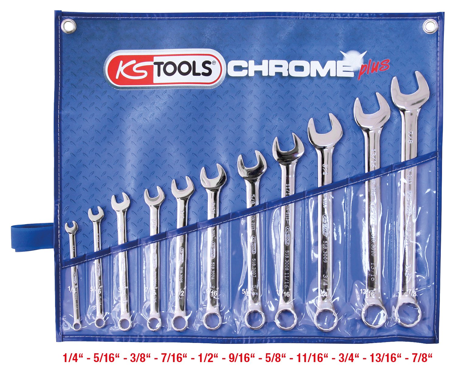 KS Tools 518.3000 CHROMEplus zestaw kluczy płasko-oczkowych, zagięte, 11-częściowy cal