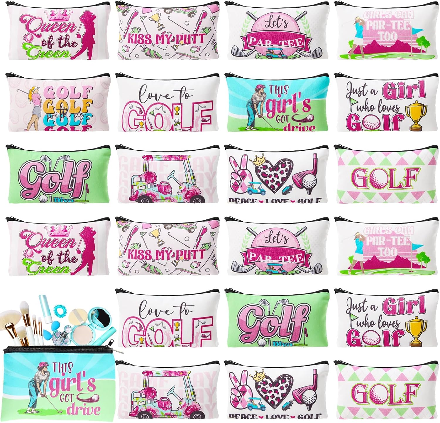 24 Pieces Golf Makeup Bags Bulk Golfers Canvas Cosmetic Gift Bags Purse Organizer Zipper Cosmetic Pouch Portable Travel Toiletry Pouch for Women Men Gifts, 7 x 4 Inch