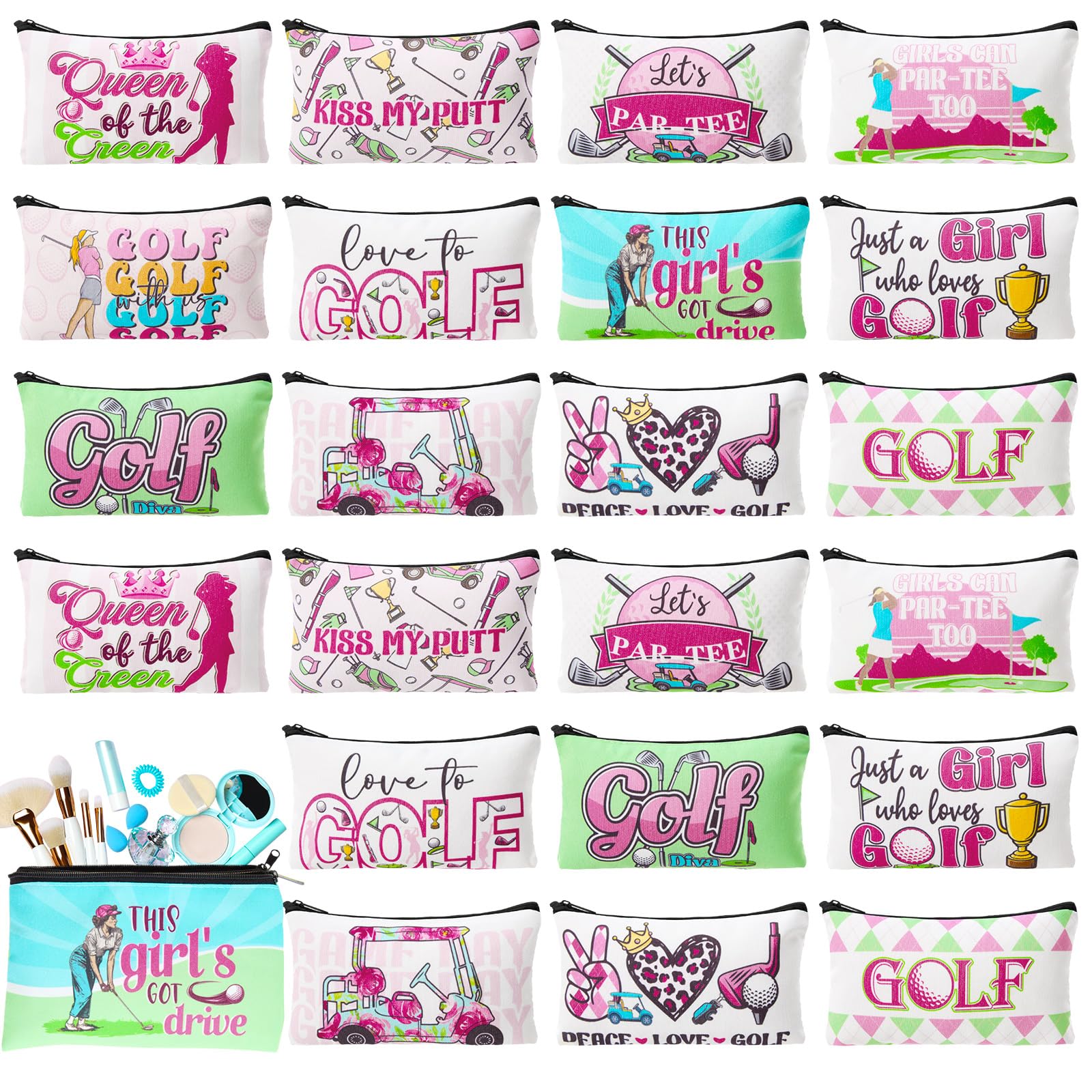 SilTriangle 24 Pieces Golf Makeup Bags Bulk Golfers Canvas Cosmetic Gift Bags Purse Organizer Zipper Cosmetic Pouch Portable Travel Toiletry Pouch for