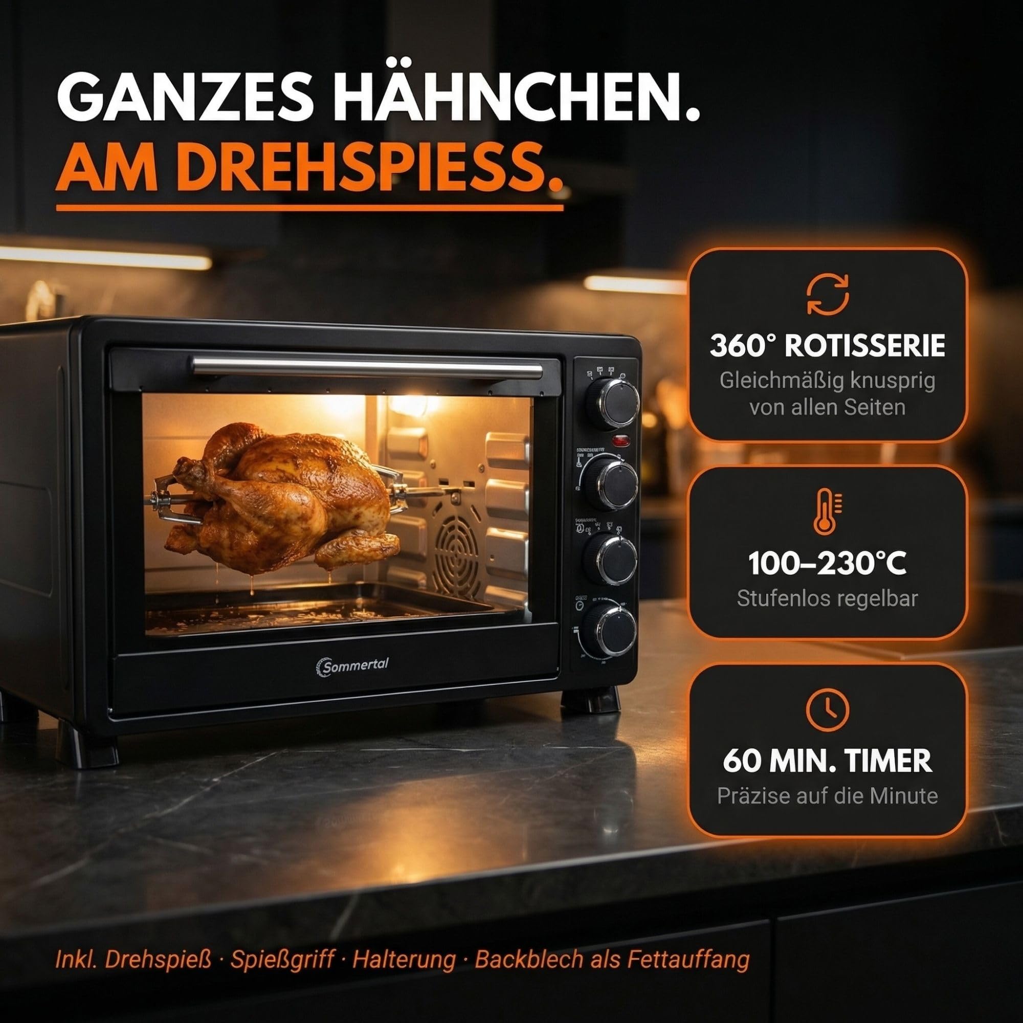 Sommertal Mini four 30 l avec tournebroche et chaleur tournante, 1500 W, 100 à 230 °C, minuterie 60 min, mini four, petit four pour cuire, griller et pizza, four de camping avec accessoires