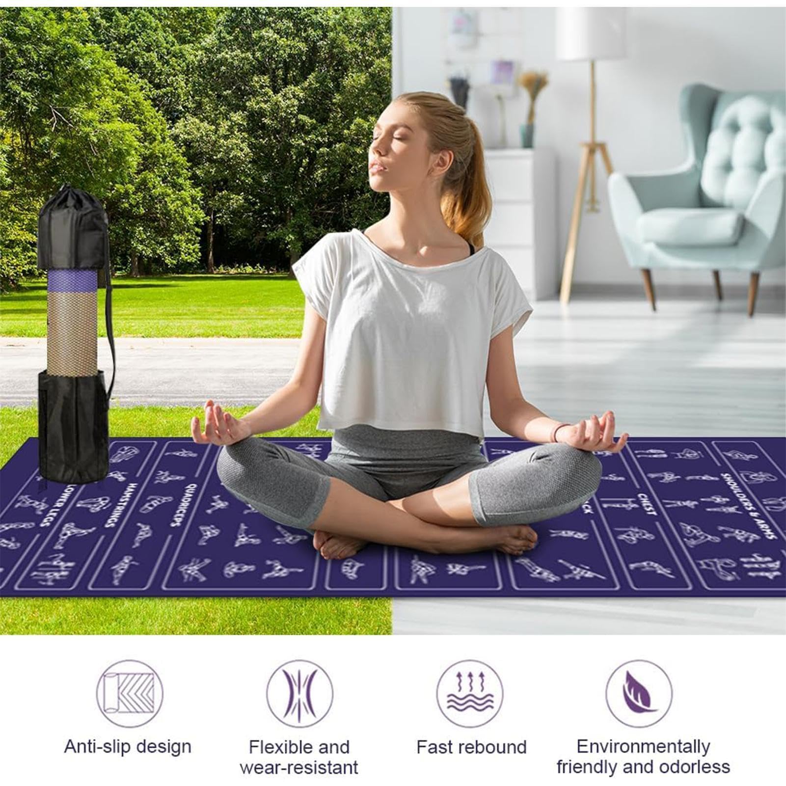Tappetino da Yoga Antistrappo e Morbido con Pose e Stretching | Tappetino Da Allenamento Attrezzatura Sportiva per Palestra a Pavimento, Studio, Pilates, Fitness, Outdoor, Giochi,