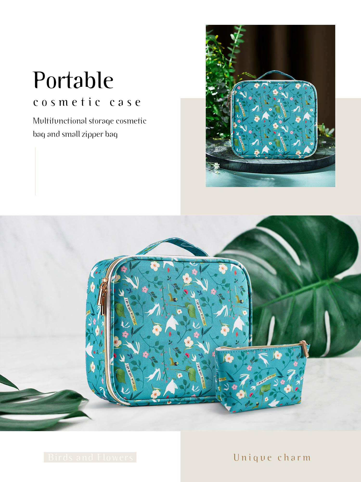 Schminktasche Schminkkoffer Make up Organizer Tasche Make up Bag mit Verstellbaren Teiler,Blauem Rosen