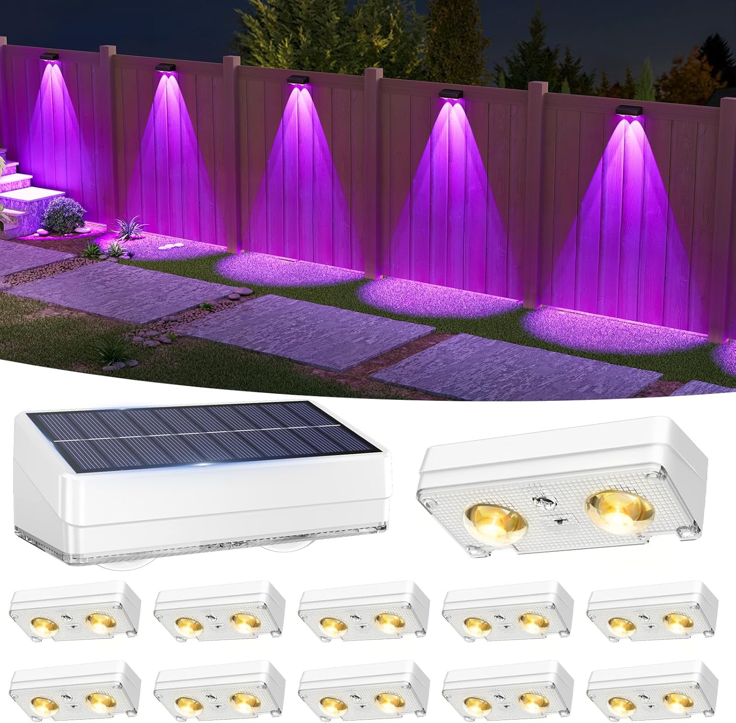 VOLISUN Solar Fence Lights 12 Pack, Warm White, Cool Light and RGB Color Glow LED Solar Lights, IP65 Waterproof Fence Solar Lights Outdoor for Patio, Backyard, Railing, Deck, Fence and Wall(White)