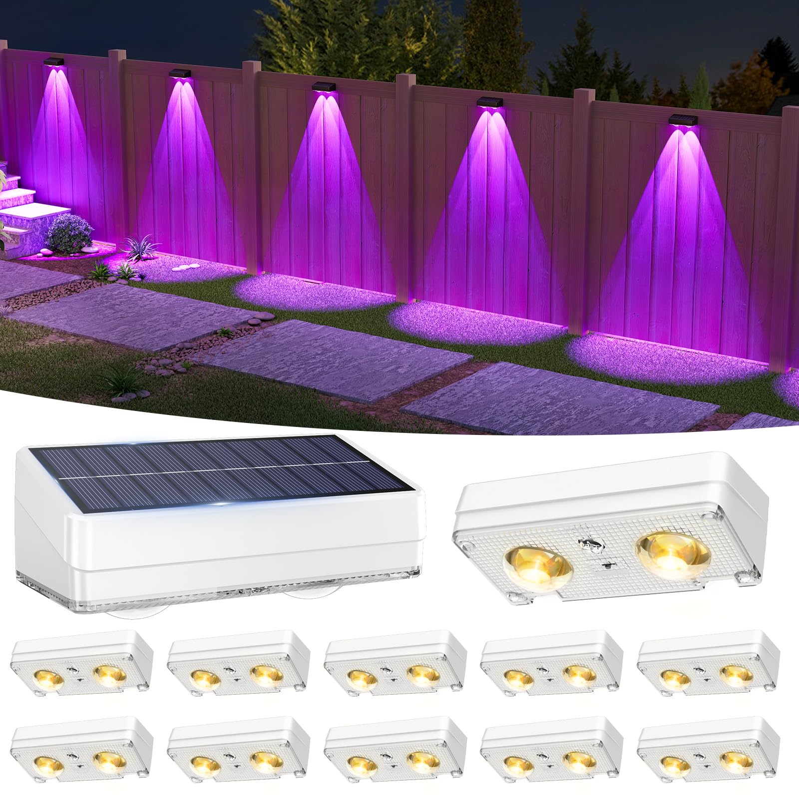VOLISUN Solar Fence Lights Outdoor Garden,12 Pack RGB Solar Wall Lights Outdoor Waterproof, Bright Solar Powered Garden Fence Lights 9 Color Modes for Deck Patio Decking Gate Yard Decoration (White)