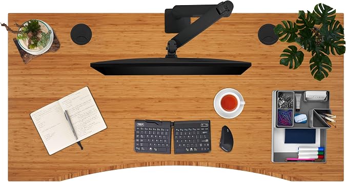Uplift Bamboo Curve (60 x 30 inch) Electric Standing Desk V3 (Black) 4-Leg Adjustable Stand Up Desk, Advanced Keypad, Wire Grommets, Wire Management Tray, Bamboo Rocker-X Board