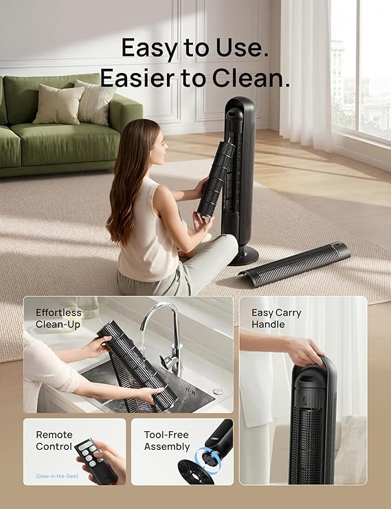 DREO Tower Fan for Bedroom, 2026 Upgraded DC Motor, 28ft/s High Velocity, 20dB Ultra Quiet Standing Fan, 8 Speeds 4 Modes, 90 Oscillating Bladeless Fan for Indoors, Floor Fans with Remote, Black