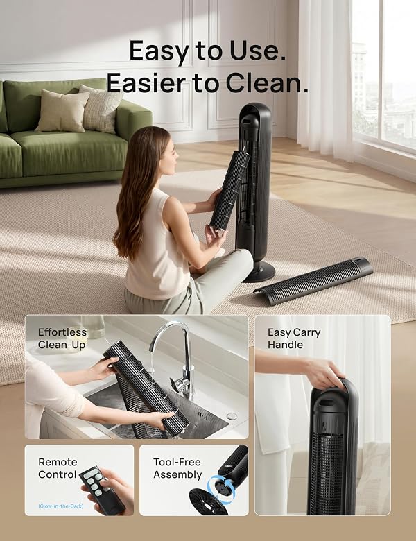 DREO Tower Fan for Bedroom, 2026 Upgraded DC Motor, 28ft/s High Velocity, 20dB Ultra Quiet Standing Fan, 8 Speeds 4 Modes, 90° Oscillating Bladeless Fan for Indoors, Floor Fans with Remote, Black by DREO - Image 7