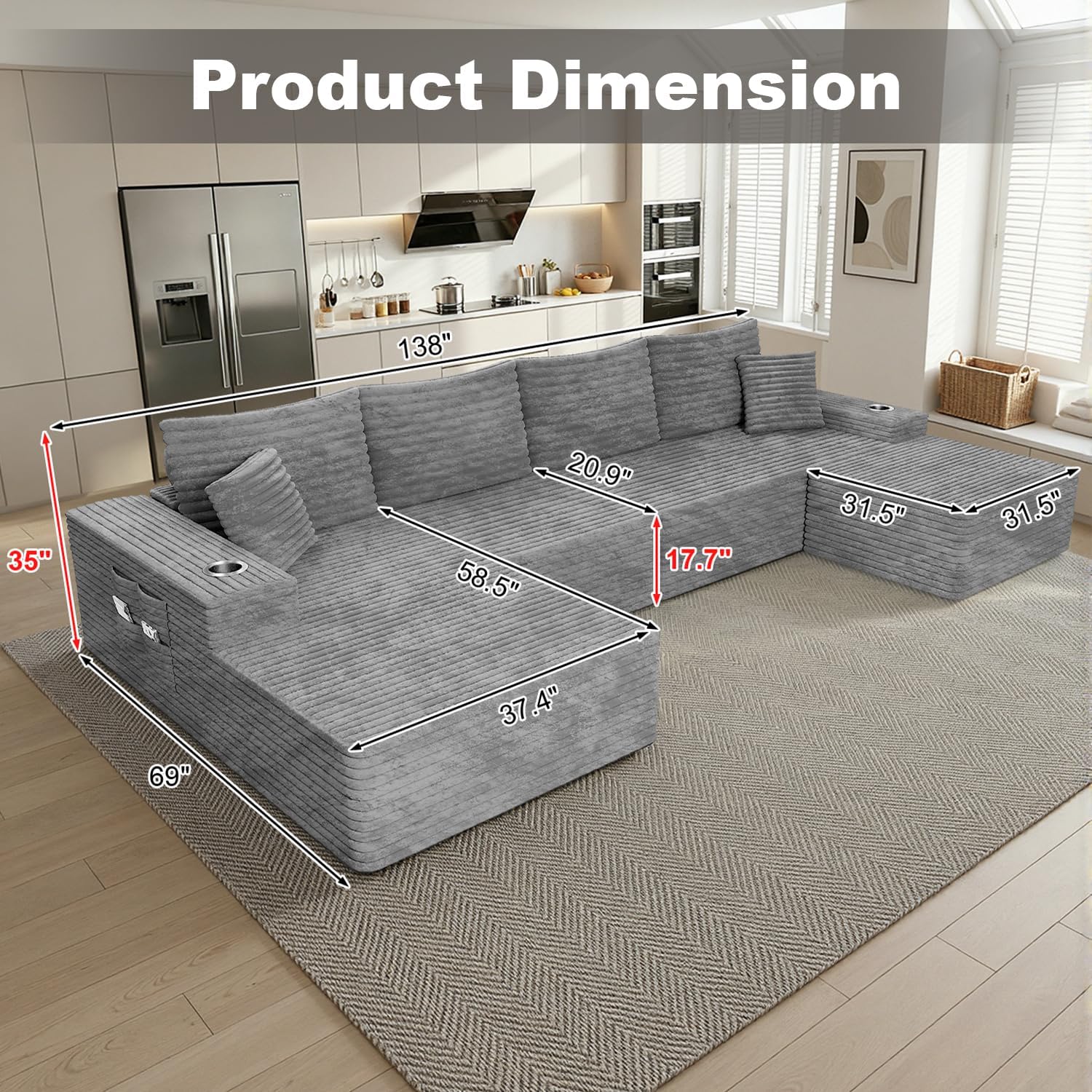 138" Cloud Modular Sectional Couch with Ottoman, Extra Large U Shaped Sofa Bed, High 17.7" Seat Height, 32D Pure Foam, Modular Seating for Living Room, No Assembly (Light Gray, Left Facing Chaise)
