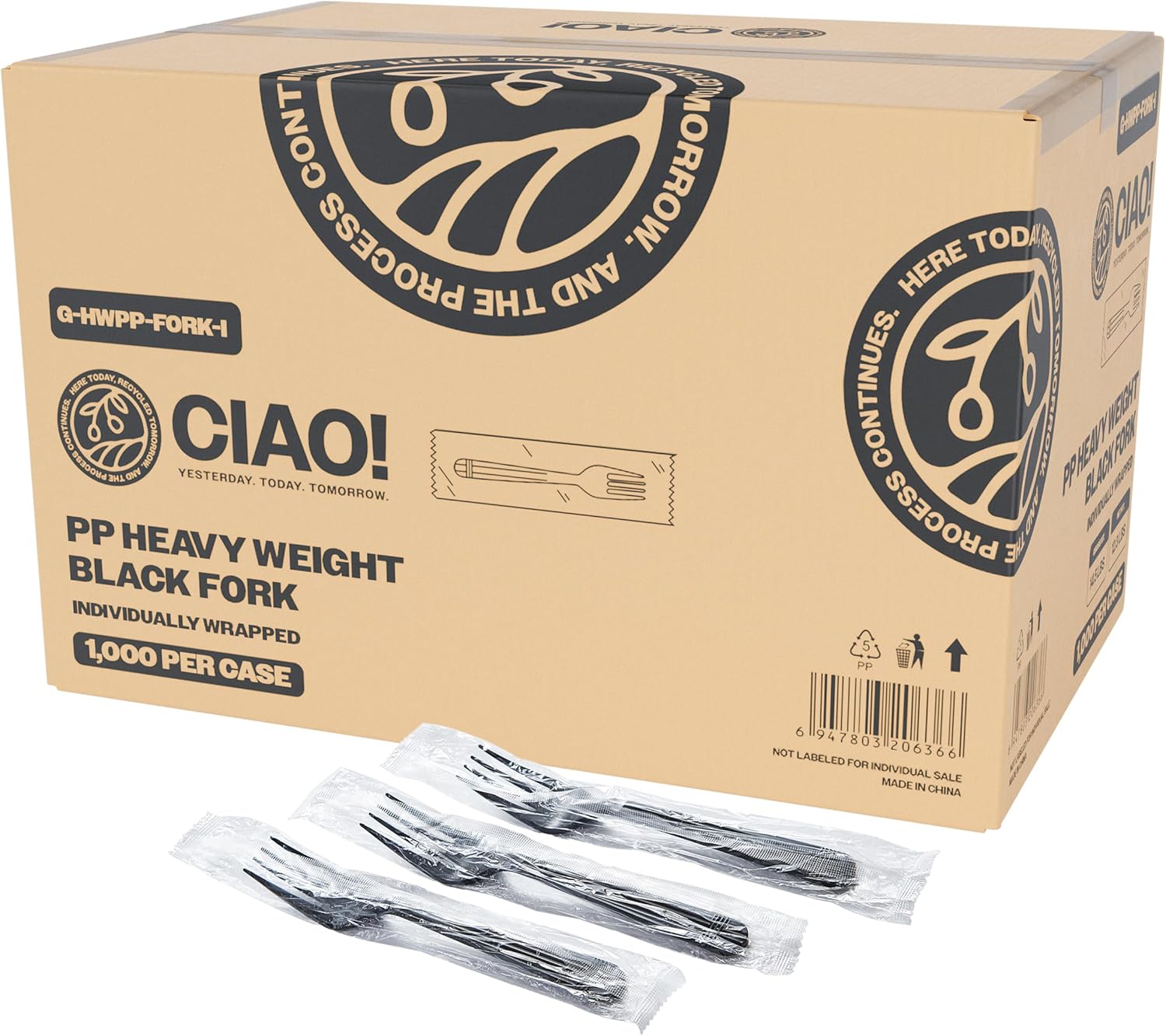 CIAO! 7.3" Black Fork Heavy Weight Polypropylene Individually Wrapped (Case of 1,000)