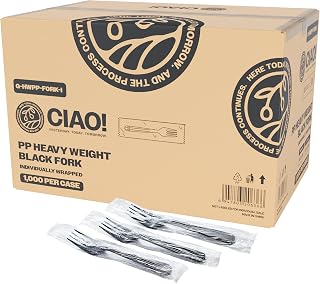CIAO! 7.3" Black Heavy Weight Polypropylene Forks Individually Wrapped - Case of 1,000 Sanitary Disposable Utensils