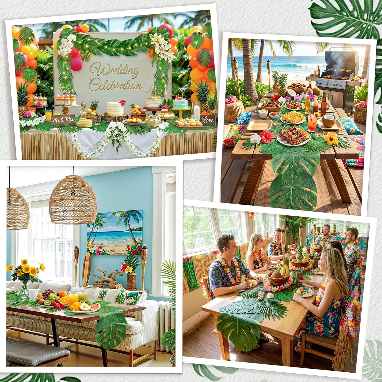 4Pcs Artificial Palm Leaves Table Runners 72 + Inches Long, Table Runner Faux Palm Leaf with 24 Willow and 24 Monstera Leaves, Green Runners for Tables for Hawaiian Jungle Summer Party Decor